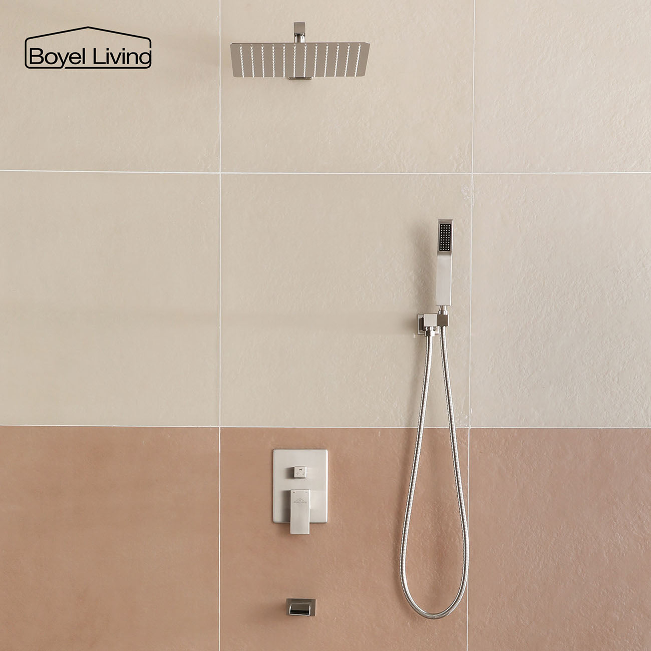 Boyel Living Single-Handle Shower System with Handheld Shower and Waterfall Tub Spout in Brushed Nickel, 10/12 in.-Boyel Living