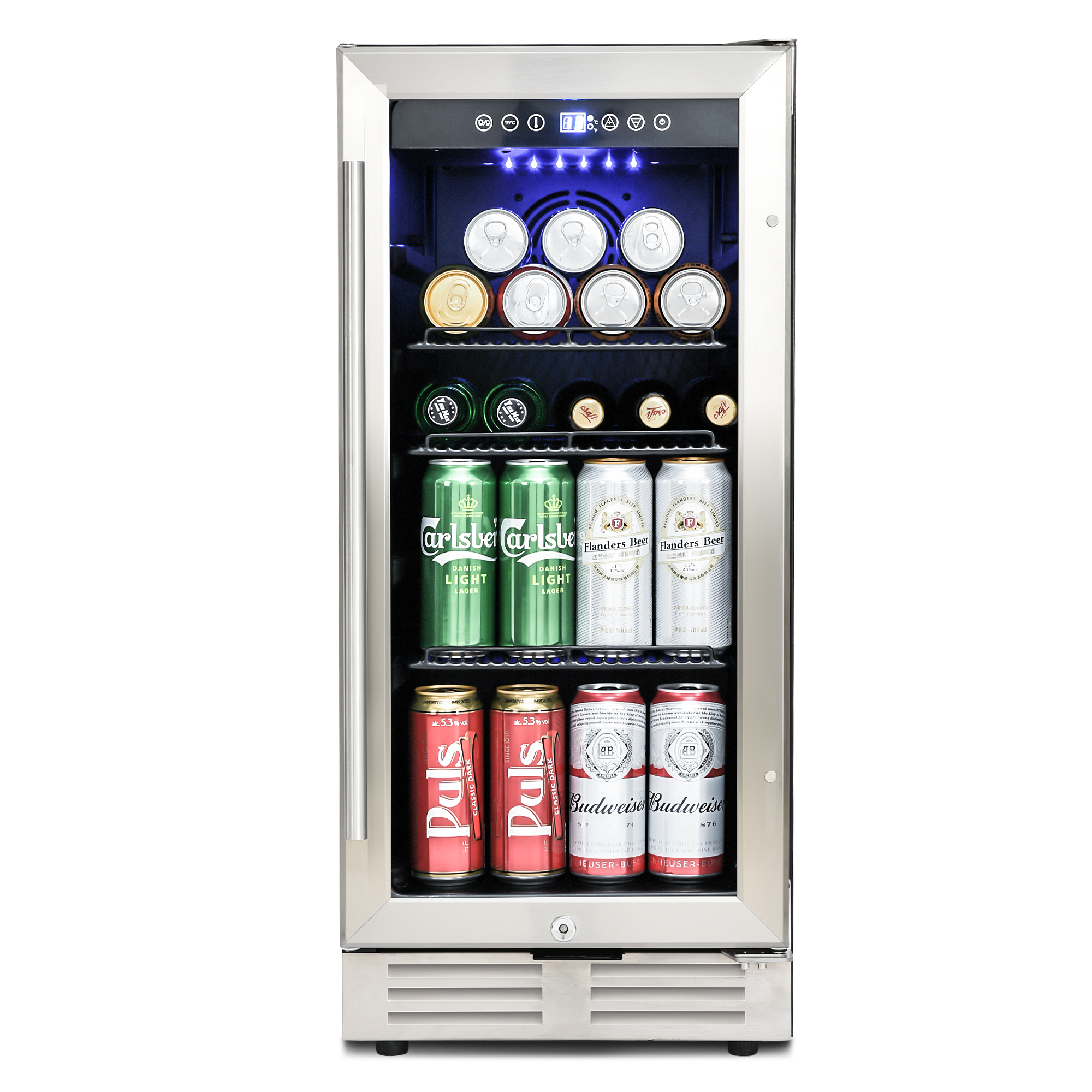 15 Inch Mini Beverage Cooler with 120 Cans Capacity for Soda, Water, Beer or Wine. Quiet Operation, Compressor Cooling System, Energy Saving, Adjustable Shelves, Blue Interior Light.-Boyel Living