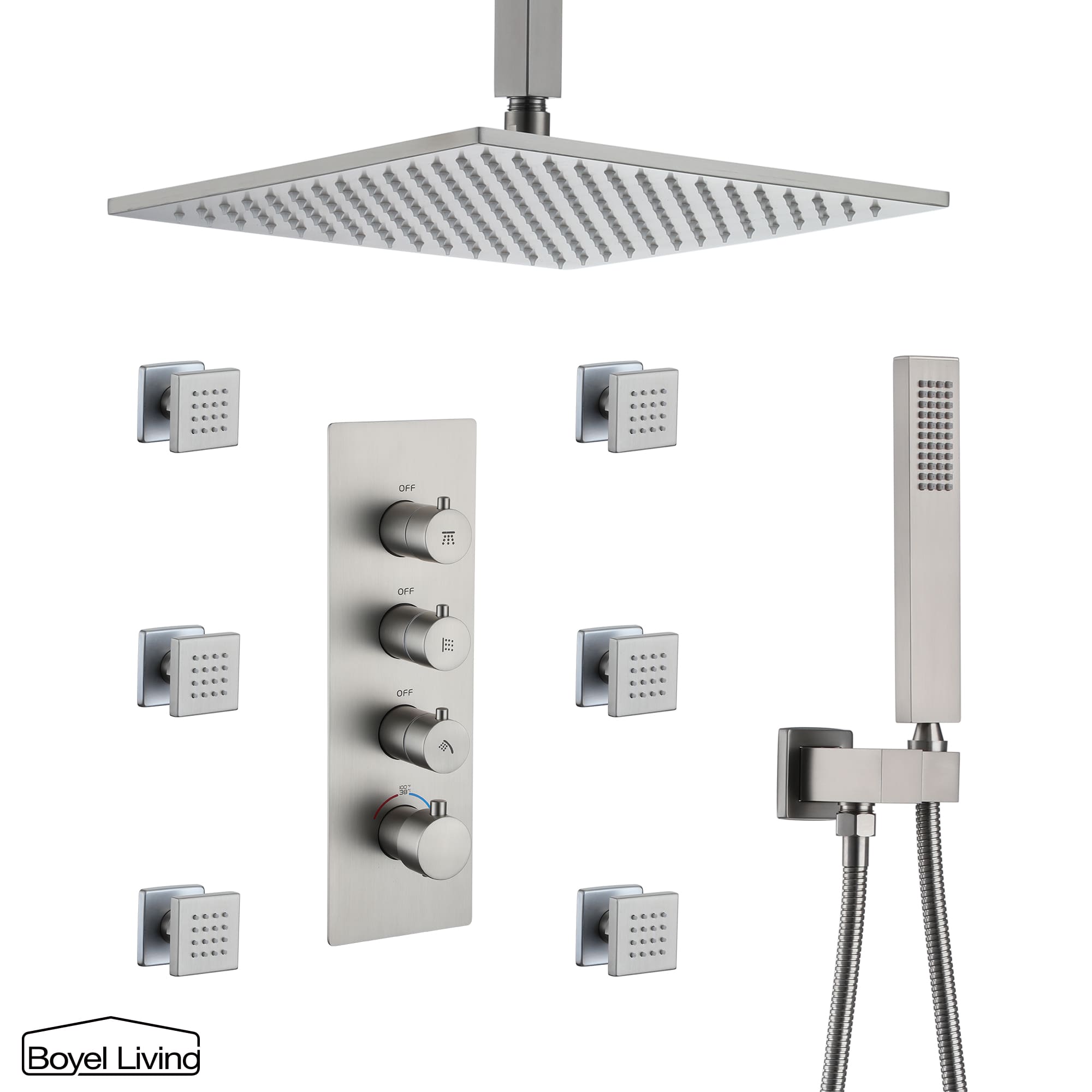 Boyel Living Luxury 6 Jets Thermostatic Shower System Combo Set with Ceiling Rainfall Shower Head and Handshower-Boyel Living