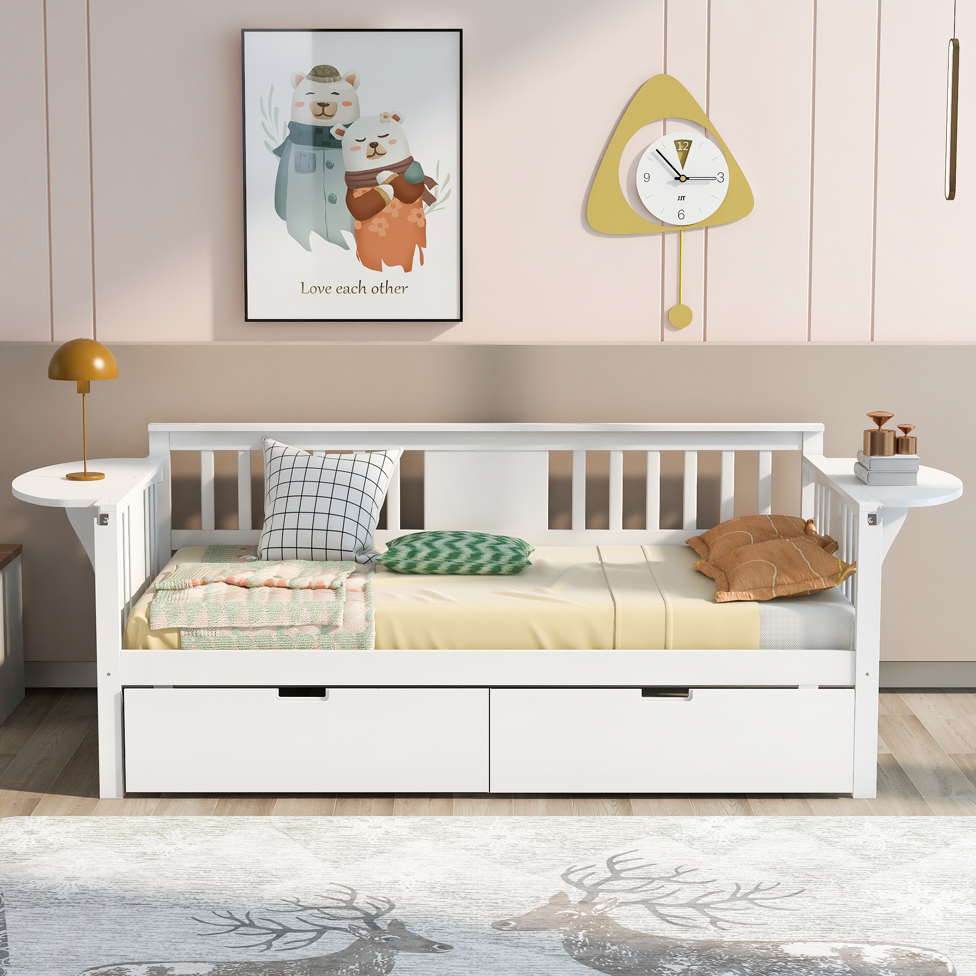 Twin size Daybed with Two Drawers, Wood Slat Support, White-Boyel Living