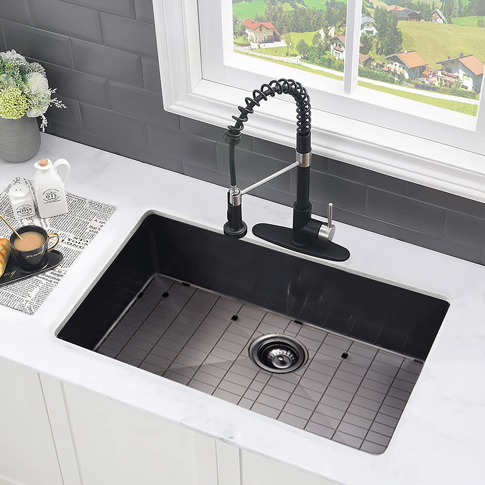 Boyel Living Undermount Kitchen Sink with Sink Grid Single Bowl Stainless Steel Kitchen Sink 30x18x9 inch Workstation Sink, Black