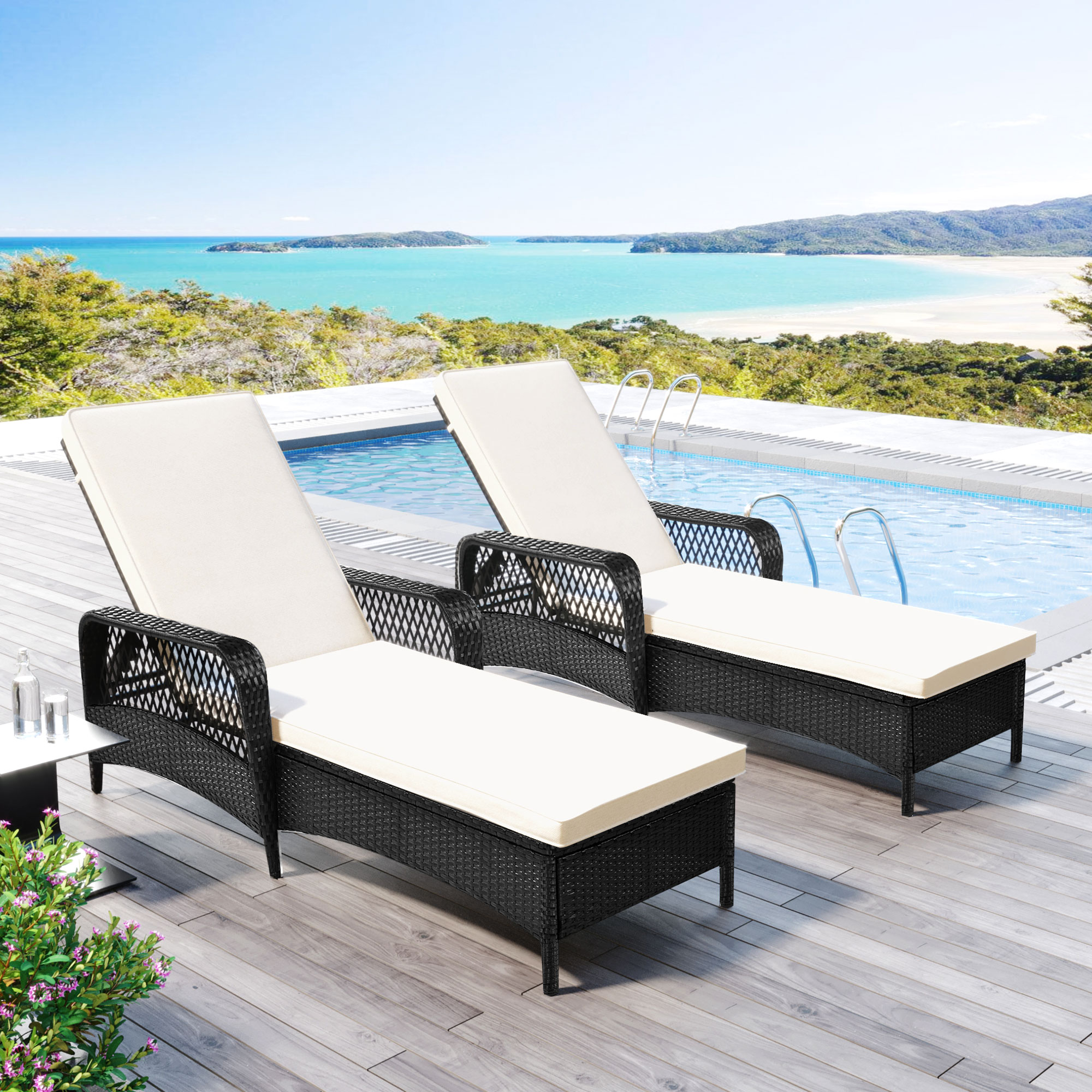 Outdoor patio pool PE rattan wicker chair wicker sun lounger, Adjustable backrest, beige cushion, Black wiker (2 sets)-Boyel Living
