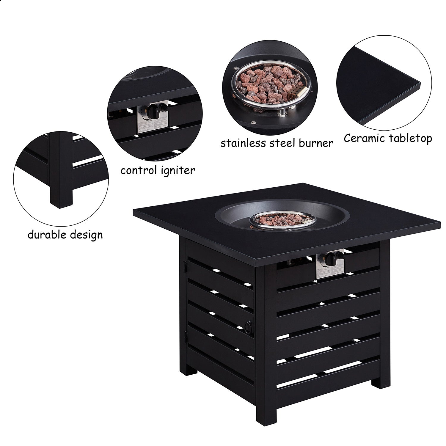 Black Fire Pit Table, 32-inch Square 50,000 BTU Auto-Ignition Propane Gas Firepit with Waterproof Cover-Boyel Living