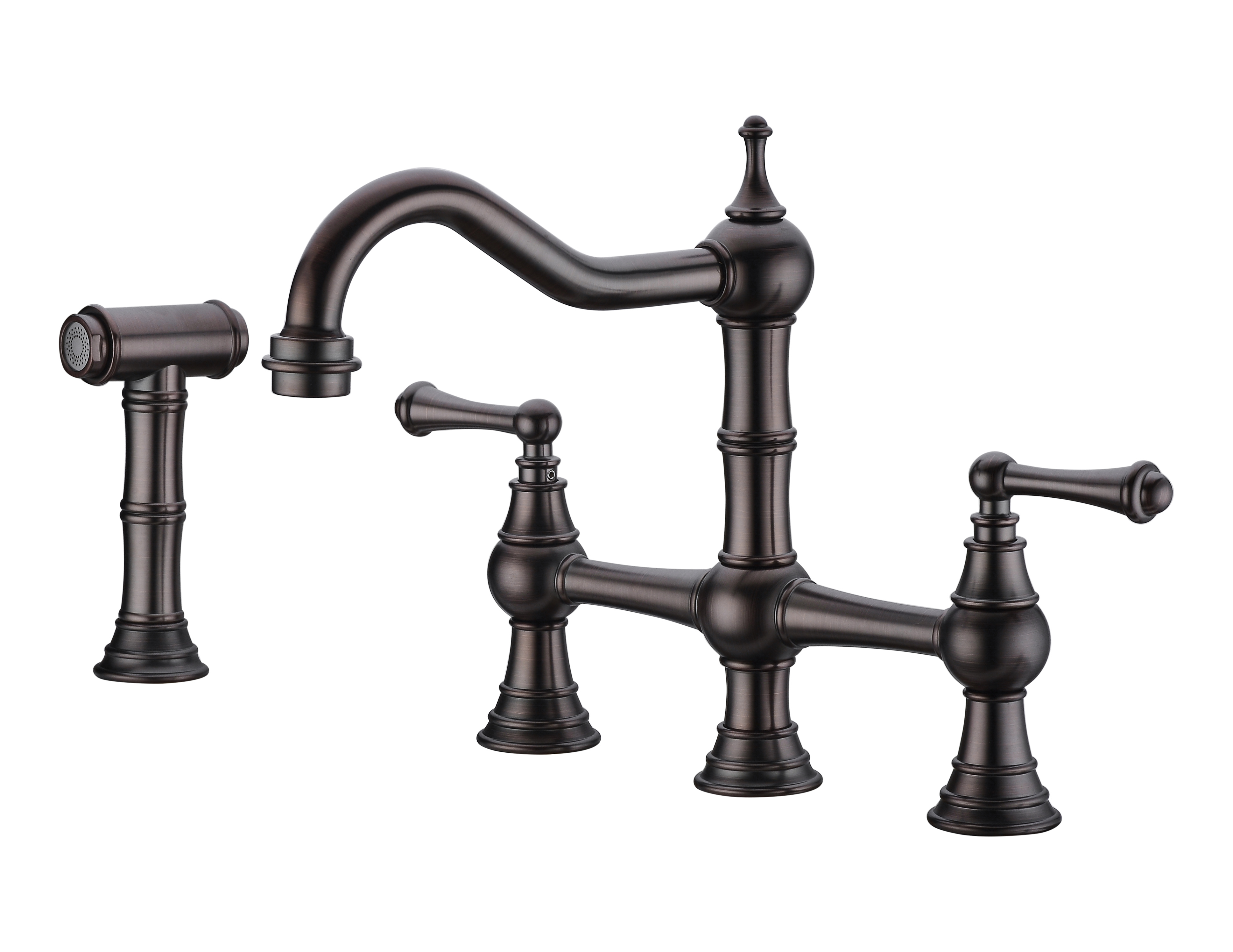  Double Handle Bridge Kitchen Faucet with Brass Side Sprayer in Bronze, 4-Holes Kitchen Faucet