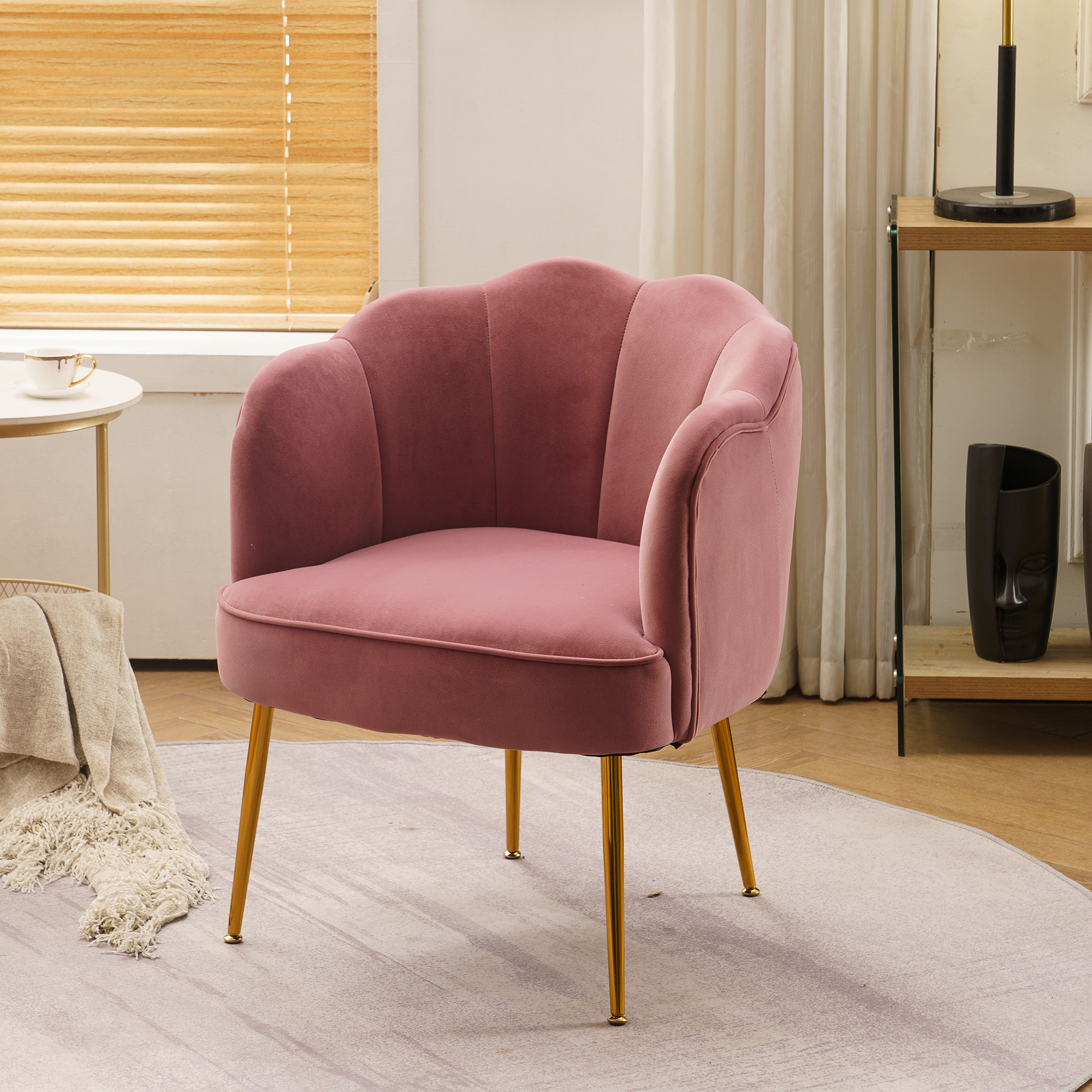 Pink Shell shape velvet fabric Armchair accent chair with gold legs for living room and bedroom-Boyel Living