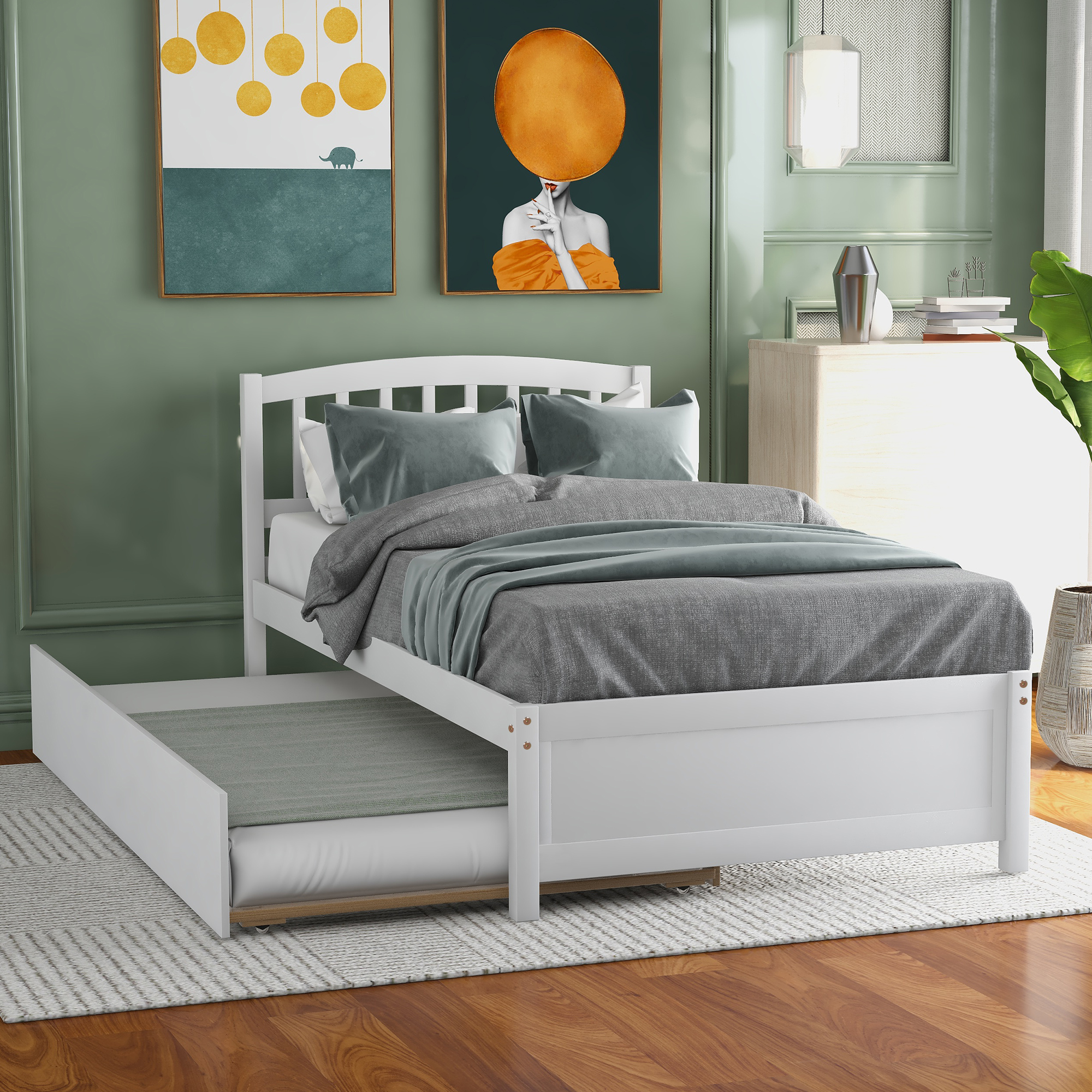 Twin size Platform Bed Wood Bed Frame with Trundle, White-Boyel Living