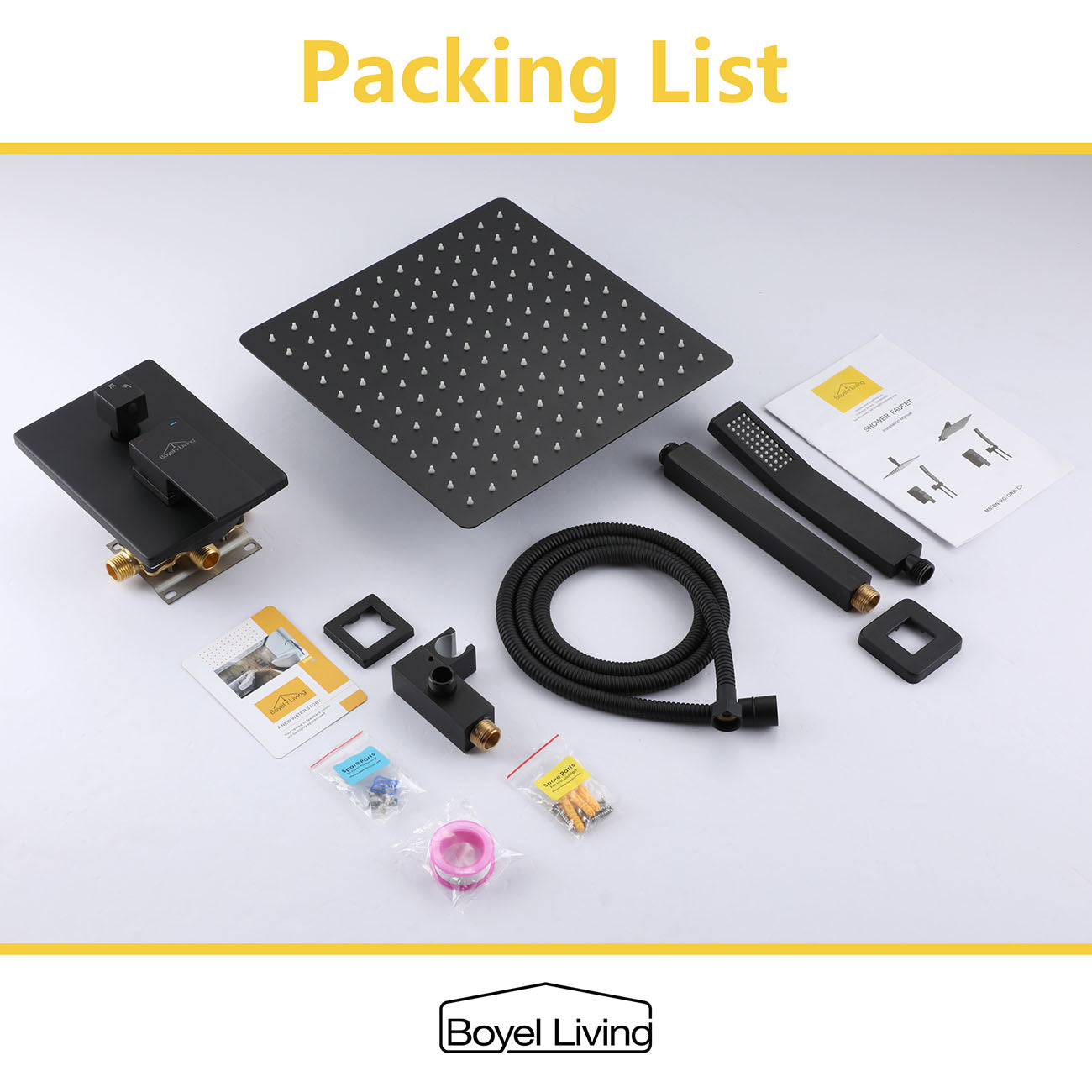 12 in. Square Rainfall Ceiling Mounted Shower System with Handheld Shower Head, Matte Black-Boyel Living