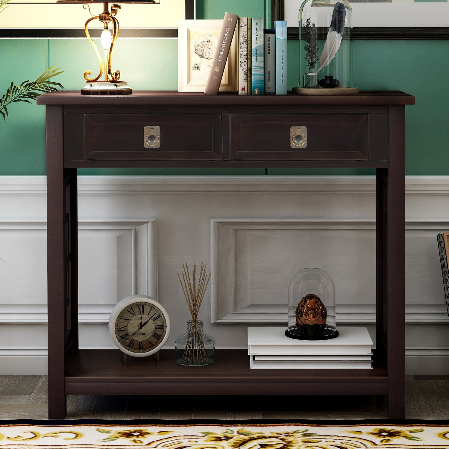 Console Table with 2 Drawers and Bottom Shelf, Entryway Accent Sofa Table-Boyel Living