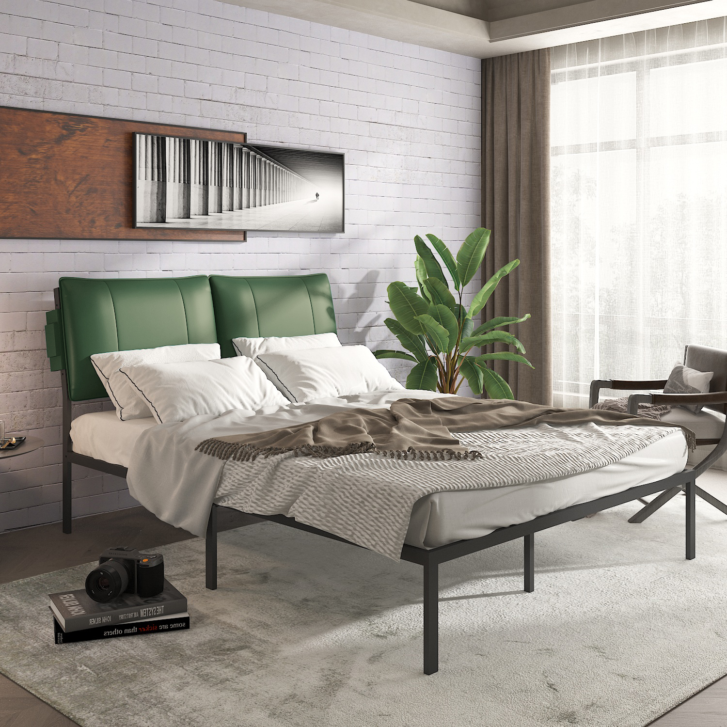 Queen Size Metal Bed Frame with Leathaire Headboard,Metal Slats Support, Green-Boyel Living