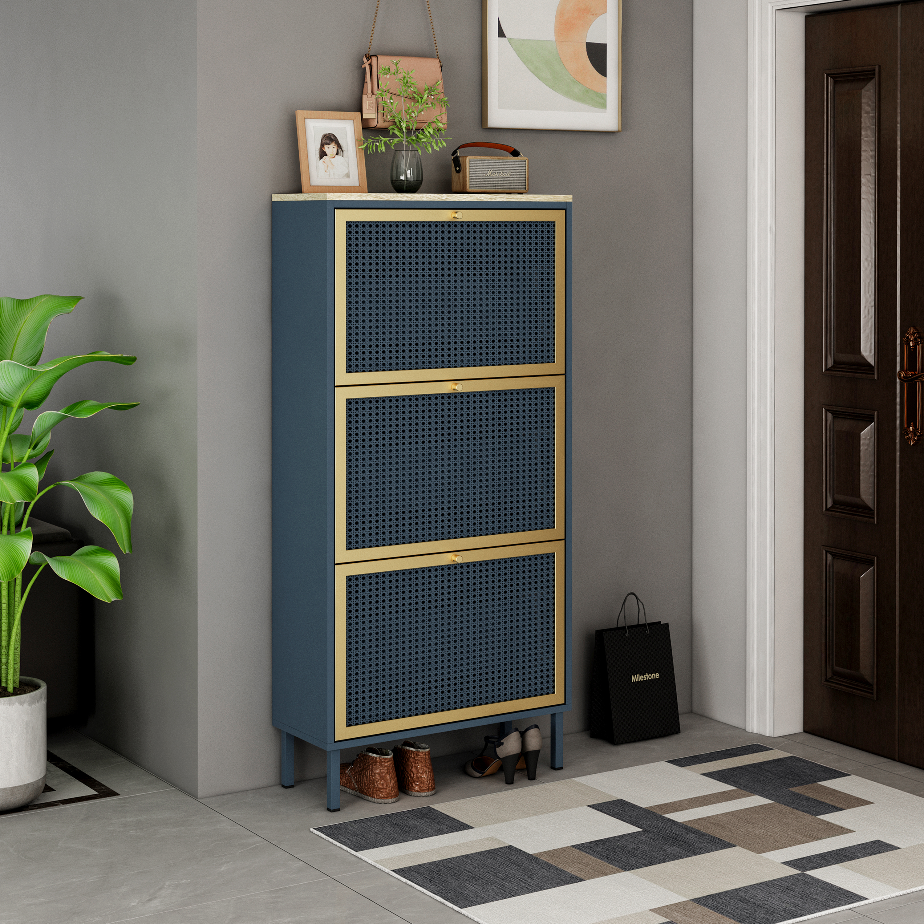 3 Metal Door Shoe Rack, Freestanding Modern Shoe Storage Cabinet, Metal rattan, for Entryway 