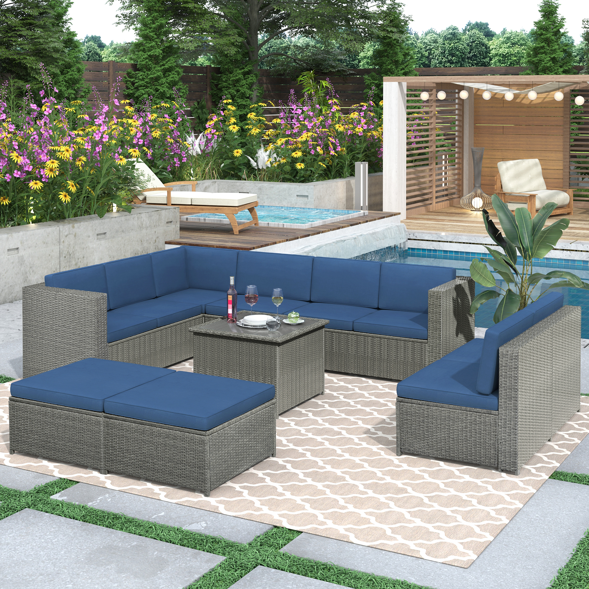 9 Piece Rattan Sectional Seating Group with Cushions and Ottoman, Patio Furniture Sets, Outdoor Wicker Sectional-Boyel Living