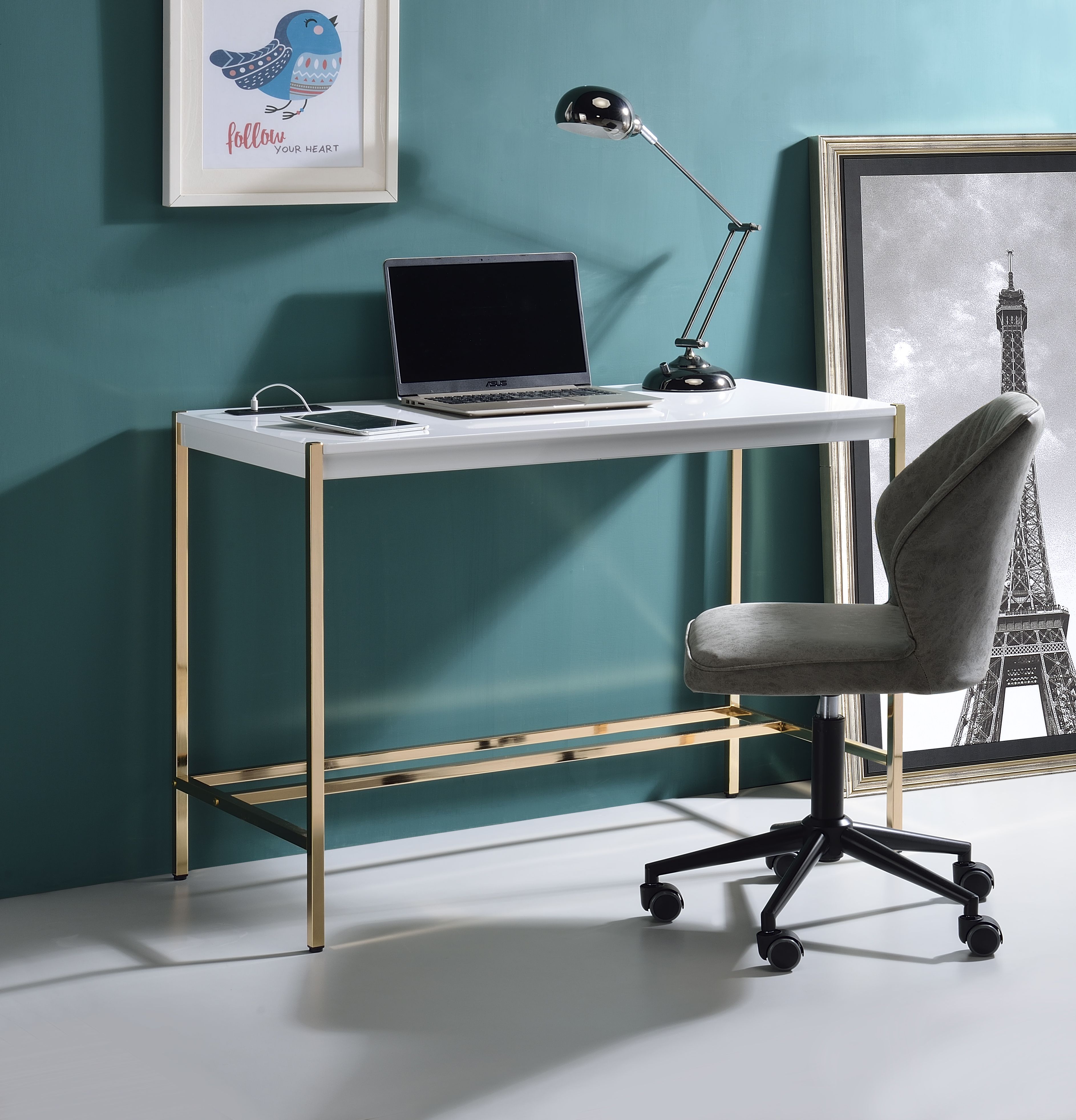 ACME Midriaks Writing Desk w/USB Port in White  Gold Finish-Boyel Living