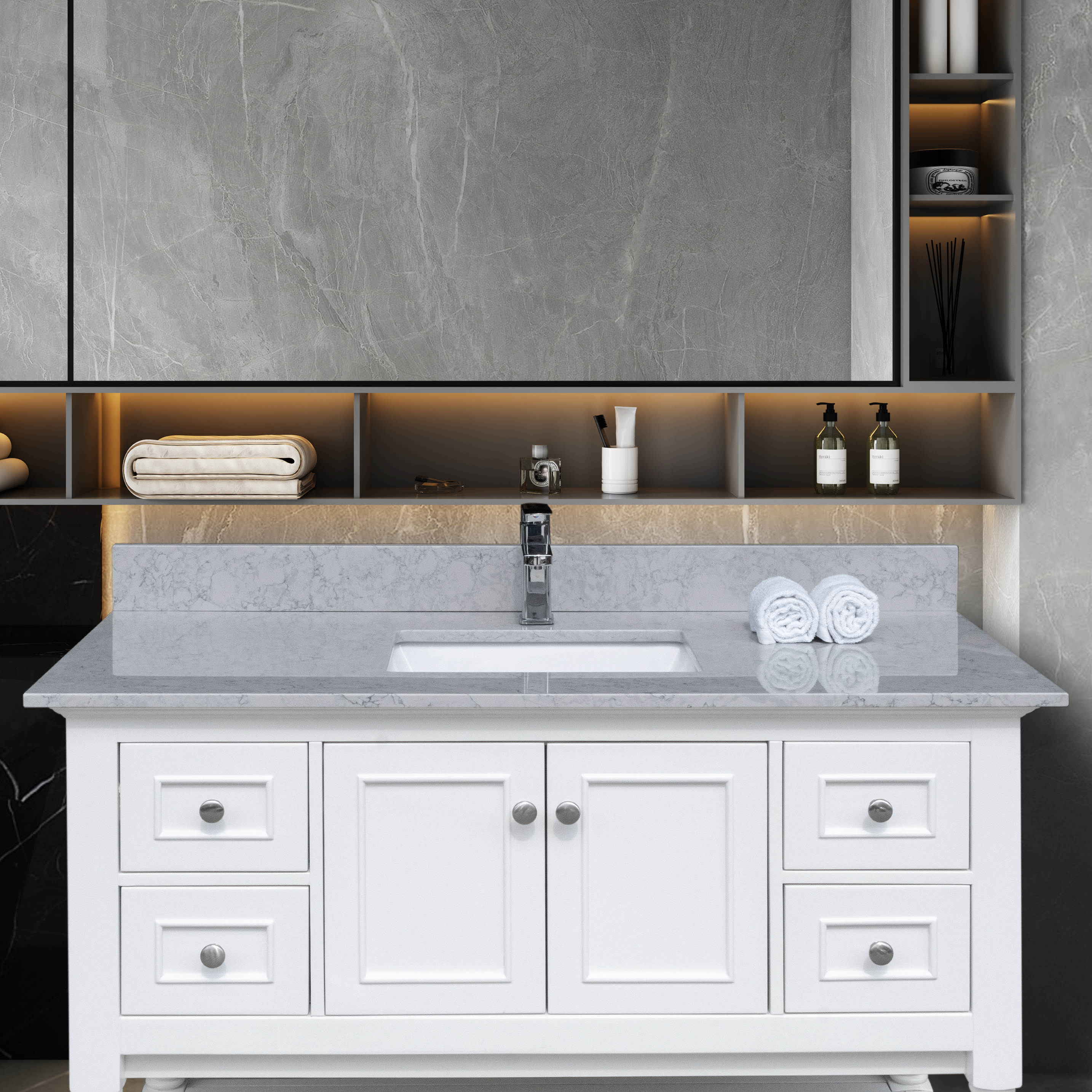 Montary 43 inches bathroom stone vanity top calacatta gray engineered marble color with undermount ceramic sink and single faucet hole with backsplash-Boyel Living