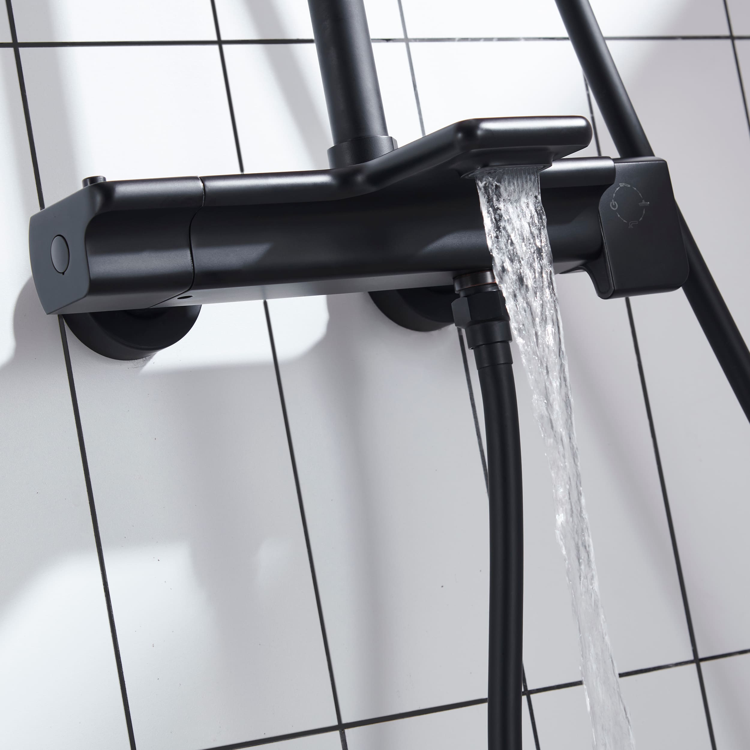 Wall Mount Thermostatic Rain Shower System with Handheld Shower and Tub Spout in Matte Black-Boyel Living