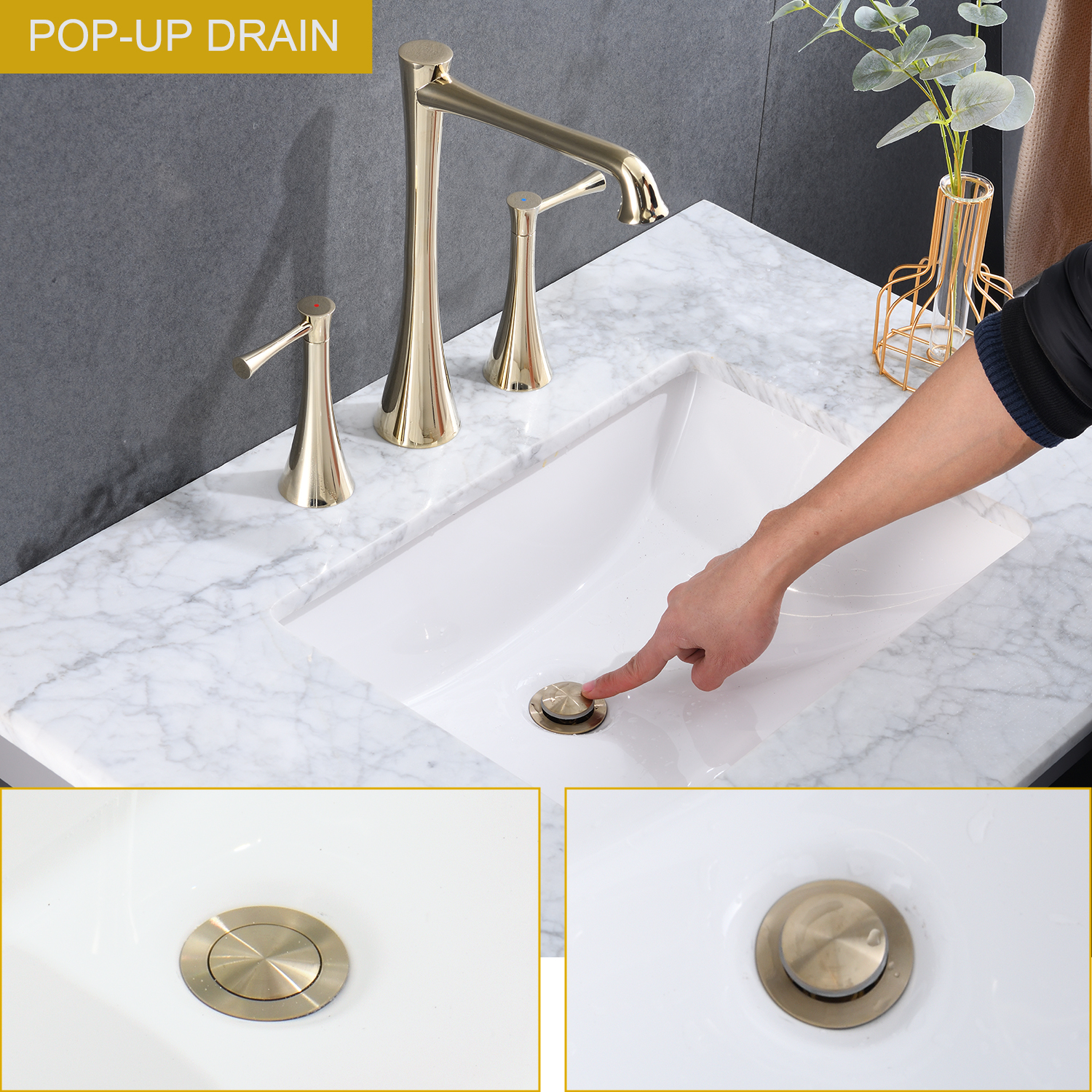 Widespread 2 Handles Bathroom Faucet with Drain Assembly, Gold/ Matte Black 