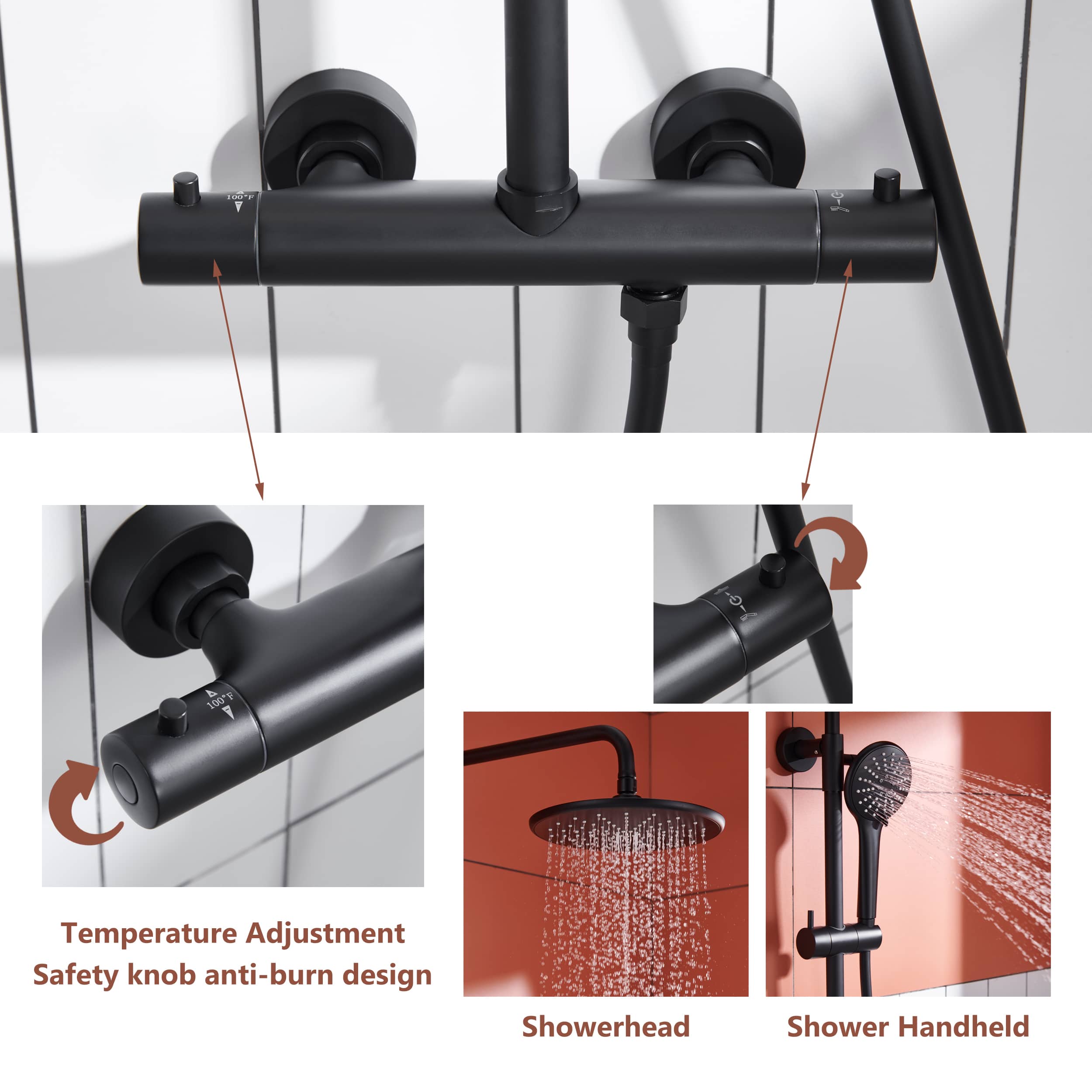2 Function Wall Mount Round Thermostatic Rain Shower System in Matte Black-Boyel Living