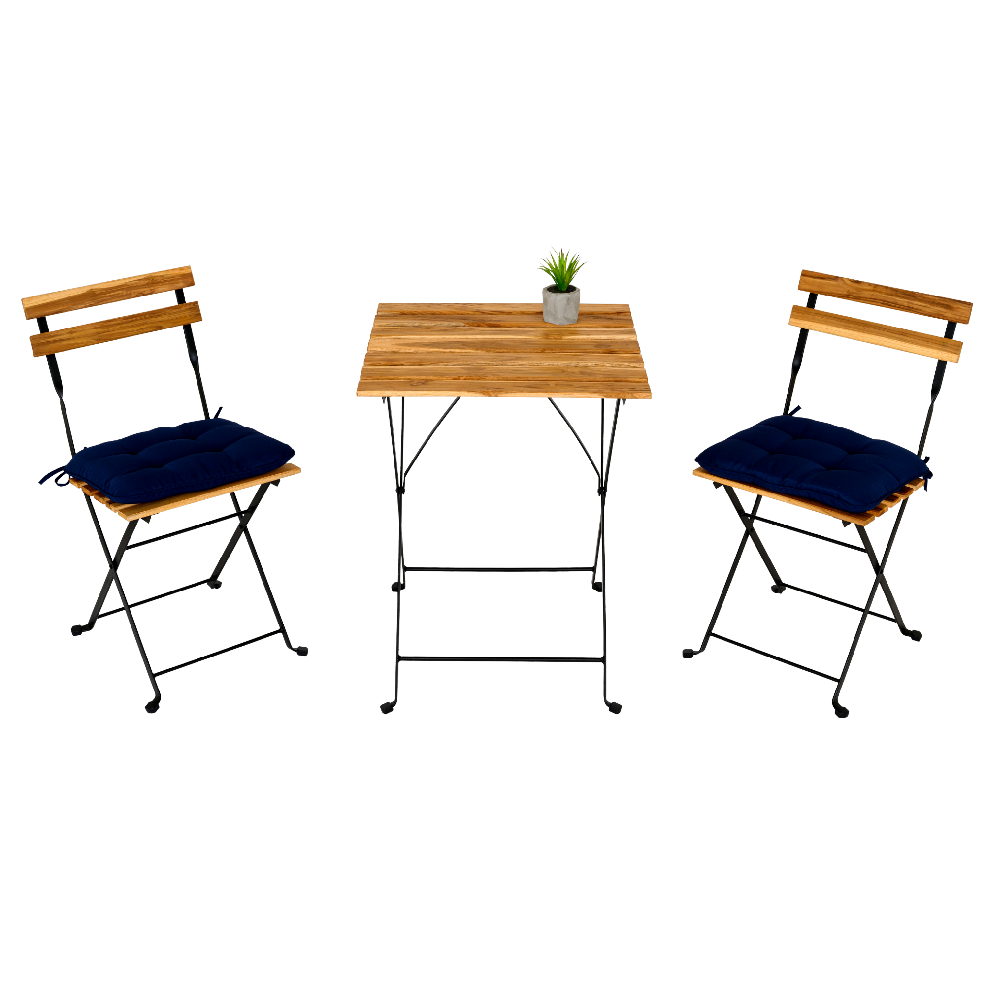 BEEFURNI Solid Teak Wood Bistro Set Folding Table And Chair Set Power Coating Frame Patio Set With Waterproof Navy Cushion-Boyel Living