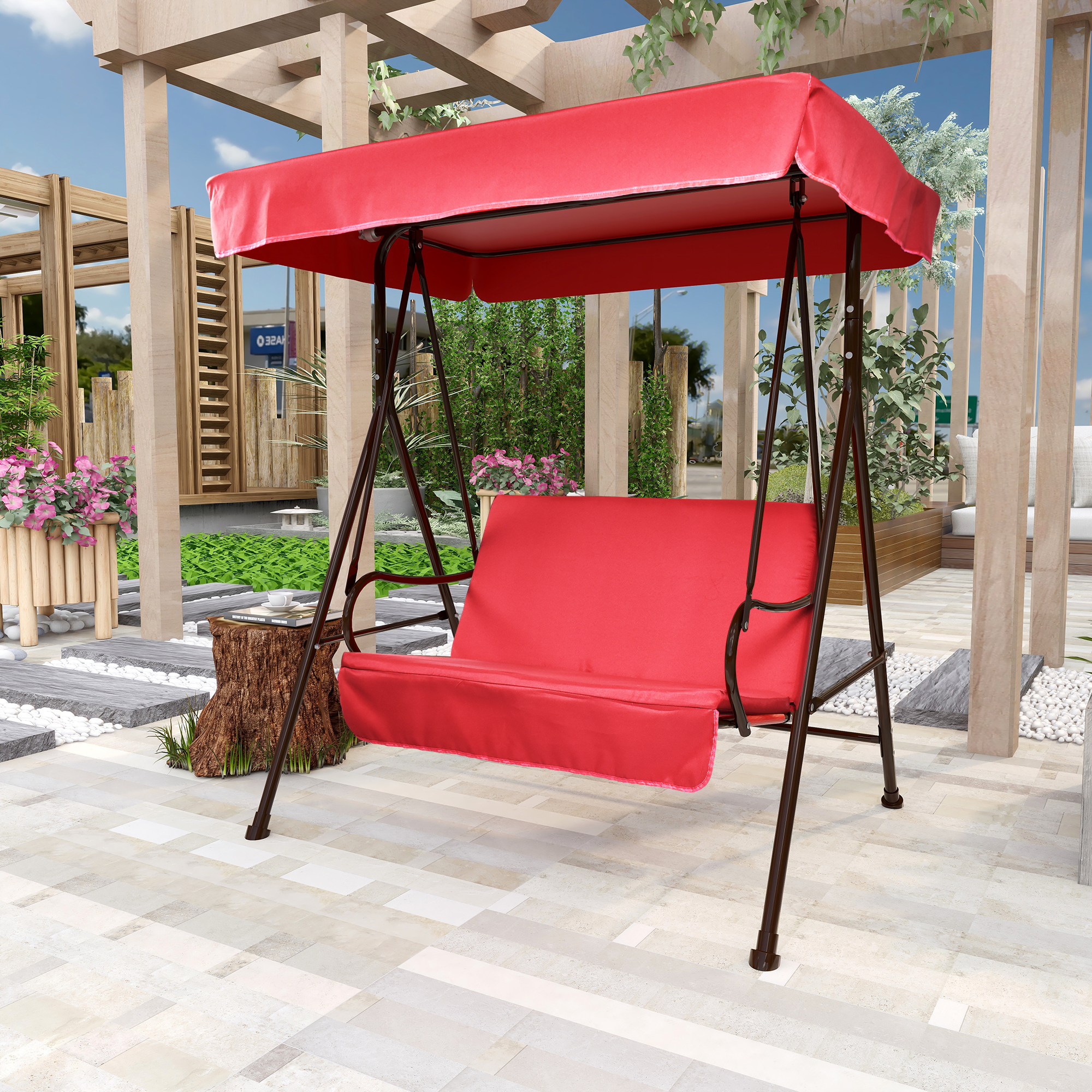 2-Seat Outdoor Patio Porch Swing Chair, Porch Lawn Swing With Removable Cushion And Convertible Canopy, Brown Red-Boyel Living