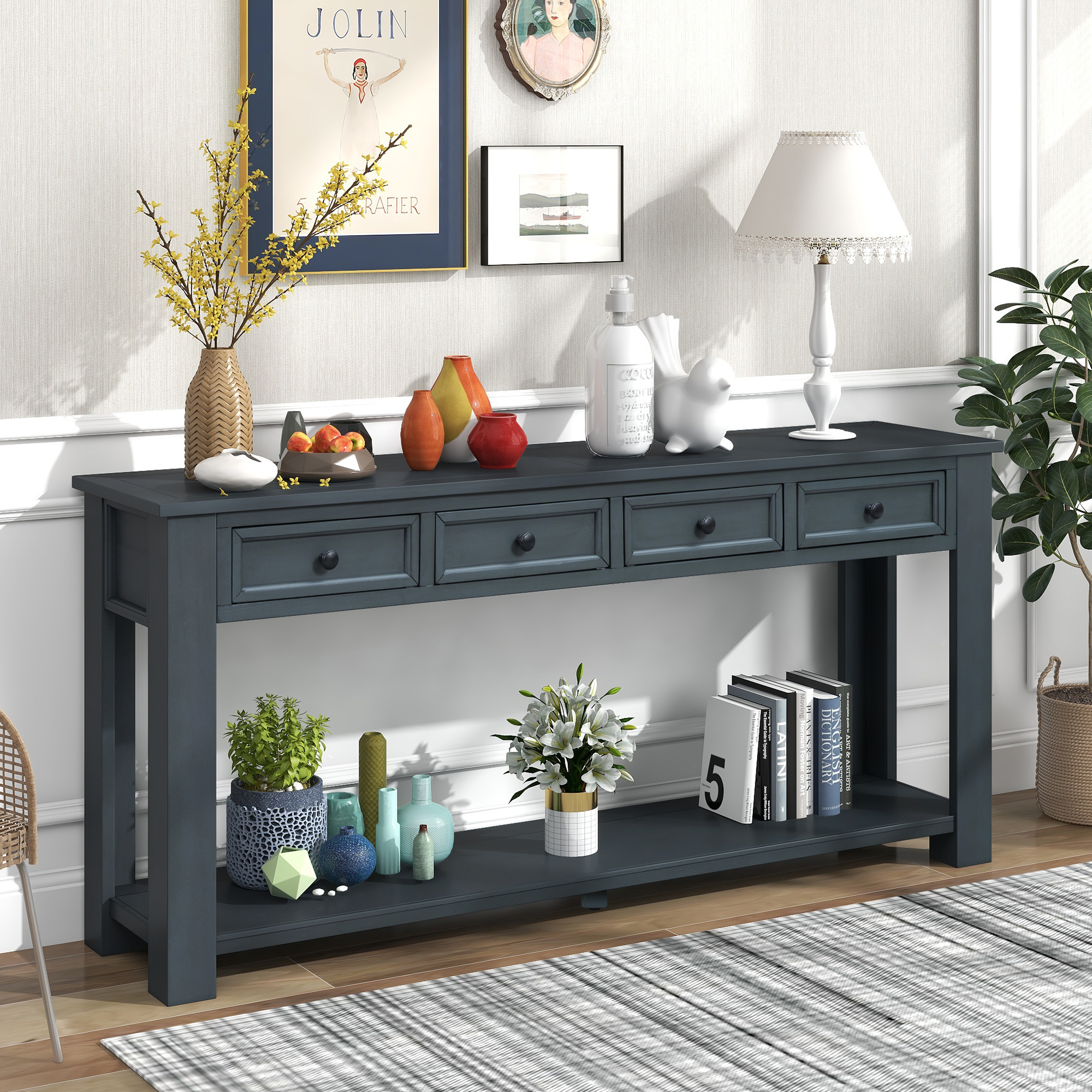 Console Table for Entryway Hallway Sofa Table with Storage Drawers and Bottom Shelf (Navy)-Boyel Living
