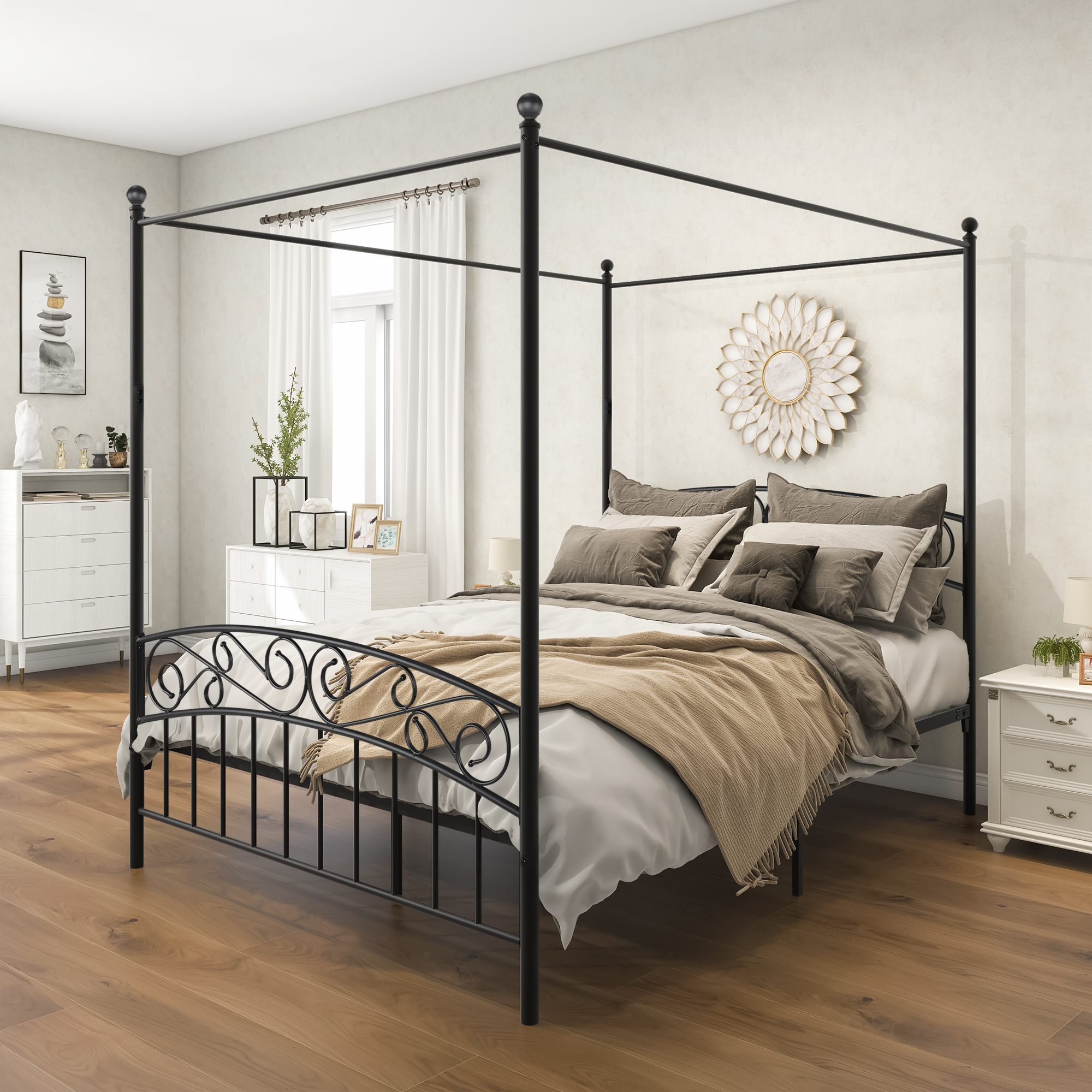 Queen Size Metal Canopy Bed Frame with Headboard and Footboard Black-Boyel Living