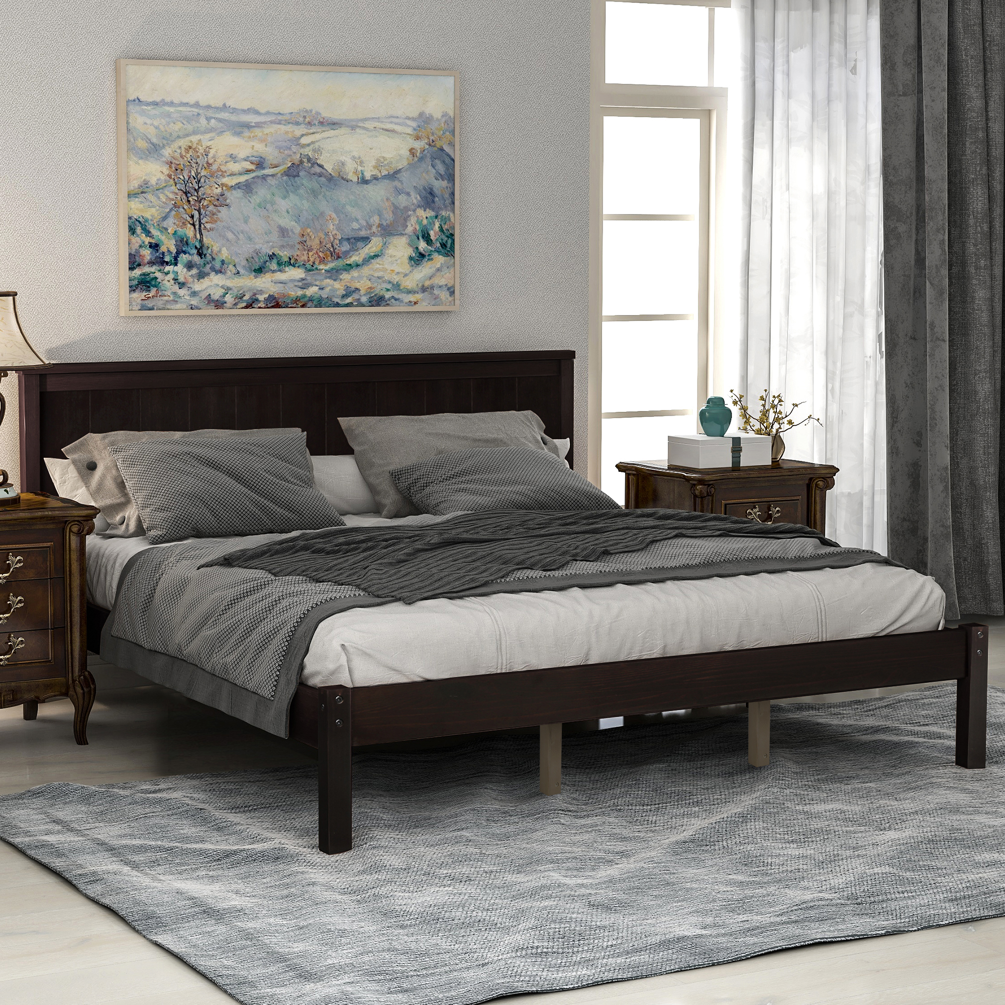 Platform Bed Frame with Headboard , Wood Slat Support , No Box Spring Needed ,Queen,Espresso-Boyel Living