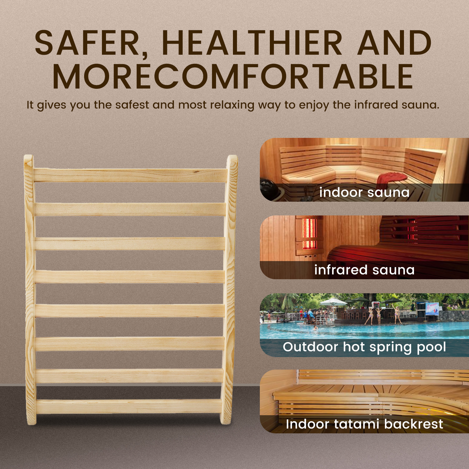 Sauna Backrest,S-Shape Canadian Natural Wood Hemlock Sauna Chair with Back, Non-Toxic Sauna Accessories Bench
