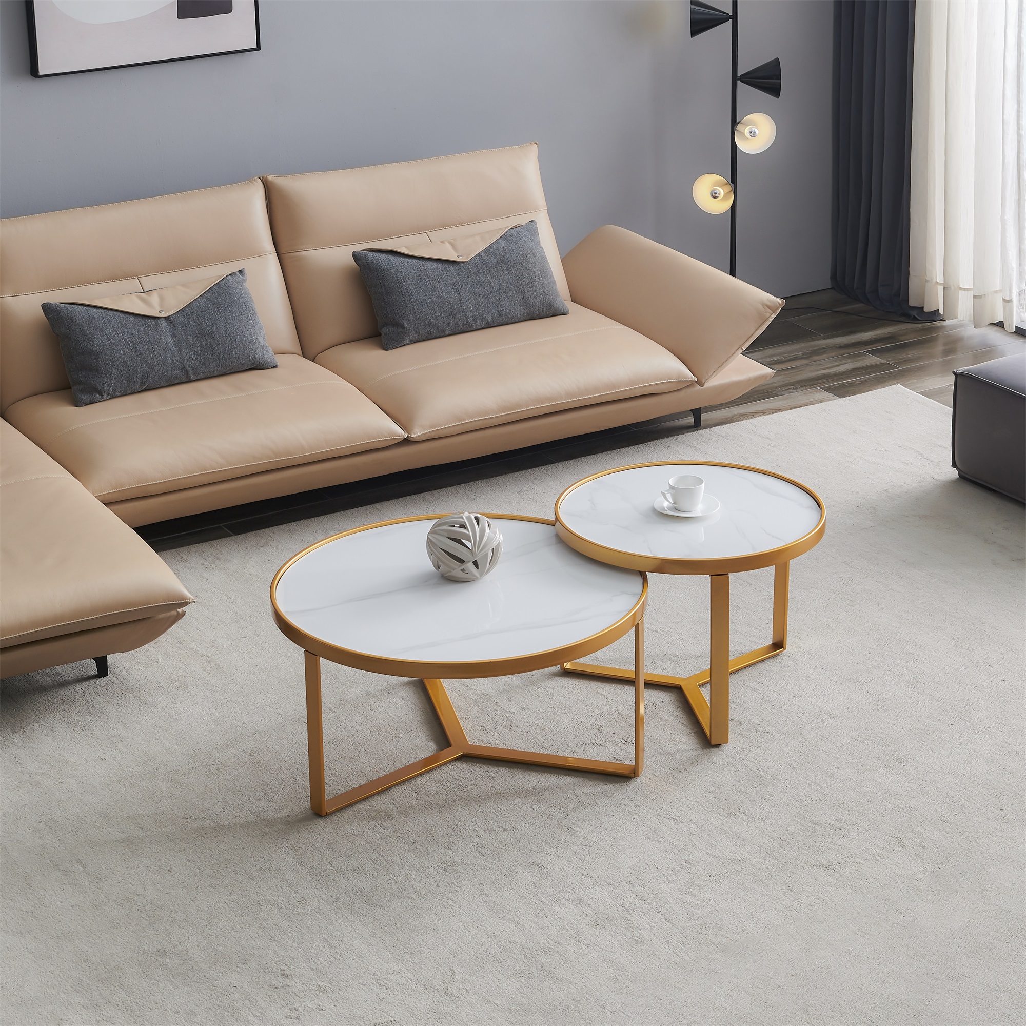 Modern Nesting coffee table,Golden metal frame with round Sintered stone table top-Boyel Living