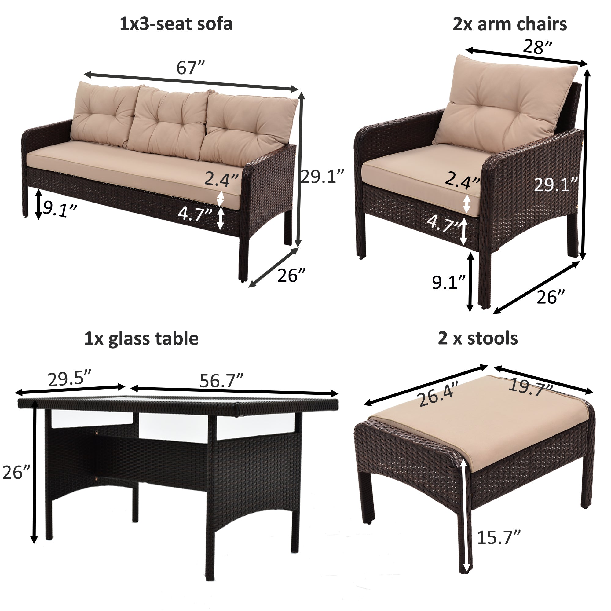 6-Piece Outdoor Patio PE Wicker Rattan Sofa Set with Cushions and Tea Table,Brown Wicker+Light Coffee Cushion-Boyel Living