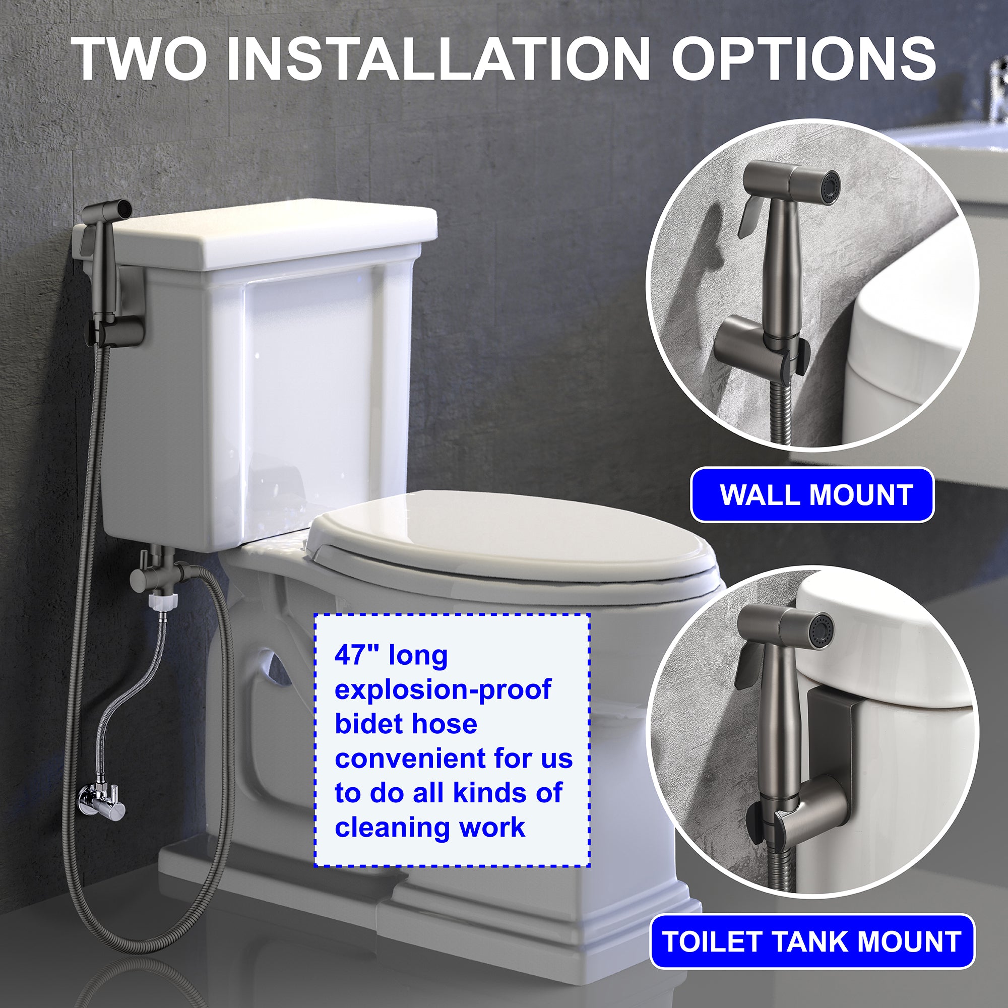 Boyel Living Single-Handle Bidet Faucet with Sprayer Holder, Solid Brass T-Valve Adapter and Flexible Bidet Hose in Gun Grey-Boyel Living