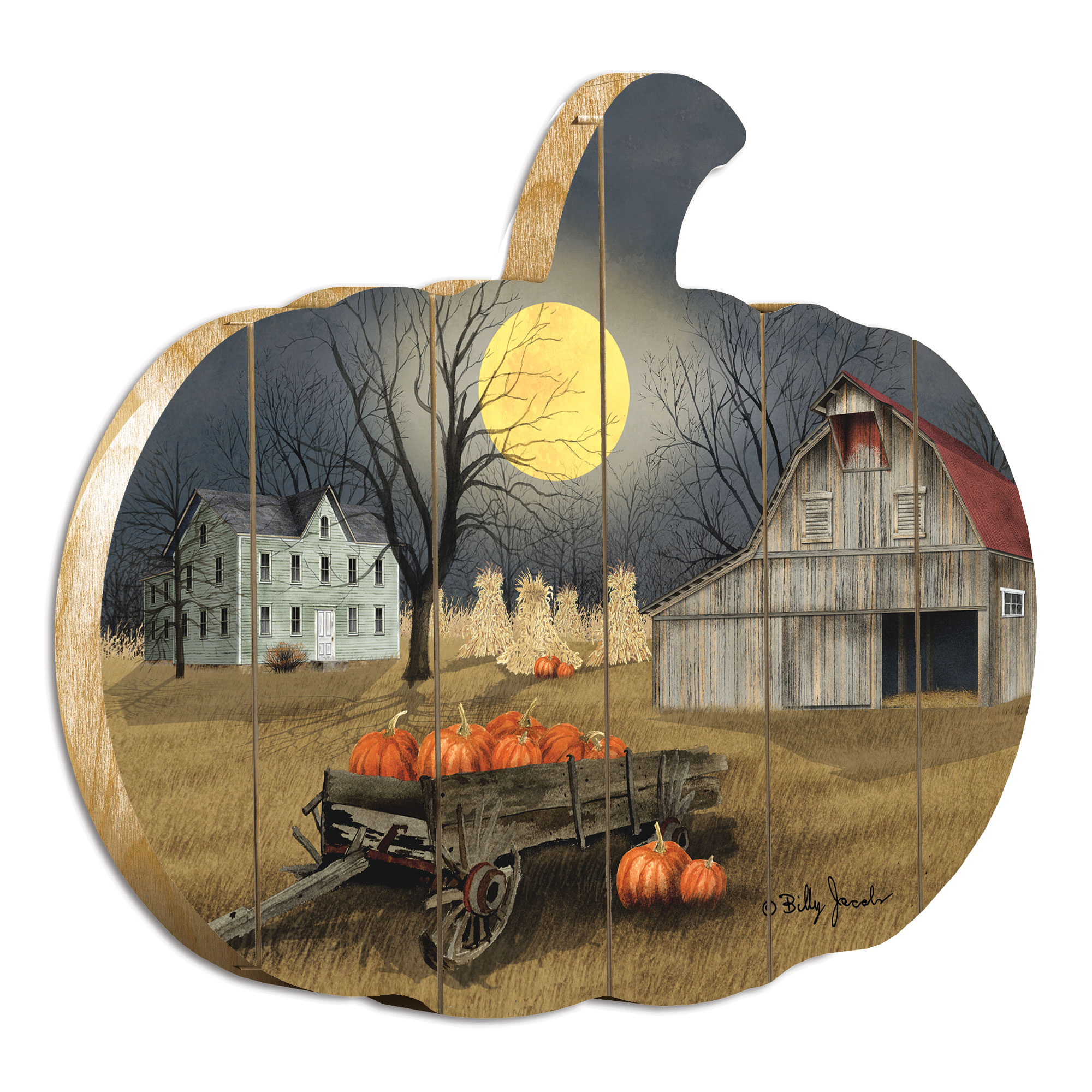 "Harvest Moon" By Artisan Billy Jacobs Printed on Wooden Pumpkin Wall Art