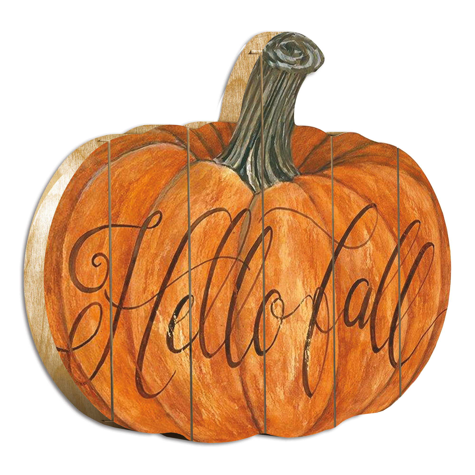 "Hello Fall" By Artisan Cindy Jacobs Printed on Wooden Pumpkin Wall Art