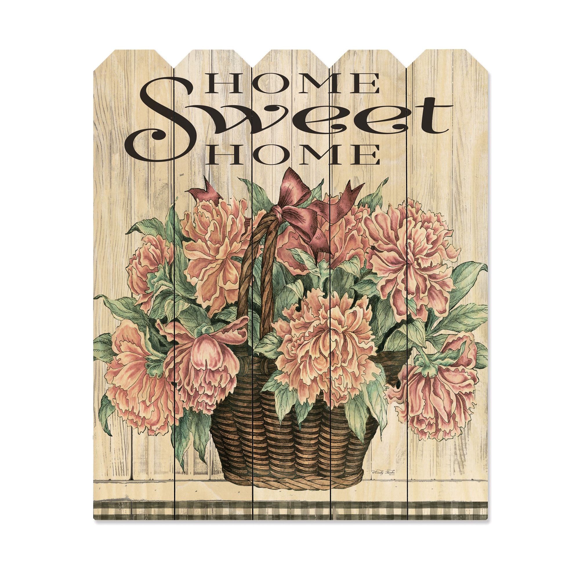 "Home Sweet Home Peonies" By Artisan Cindy Jacobs, Printed on Wooden Picket Fence Wall Art