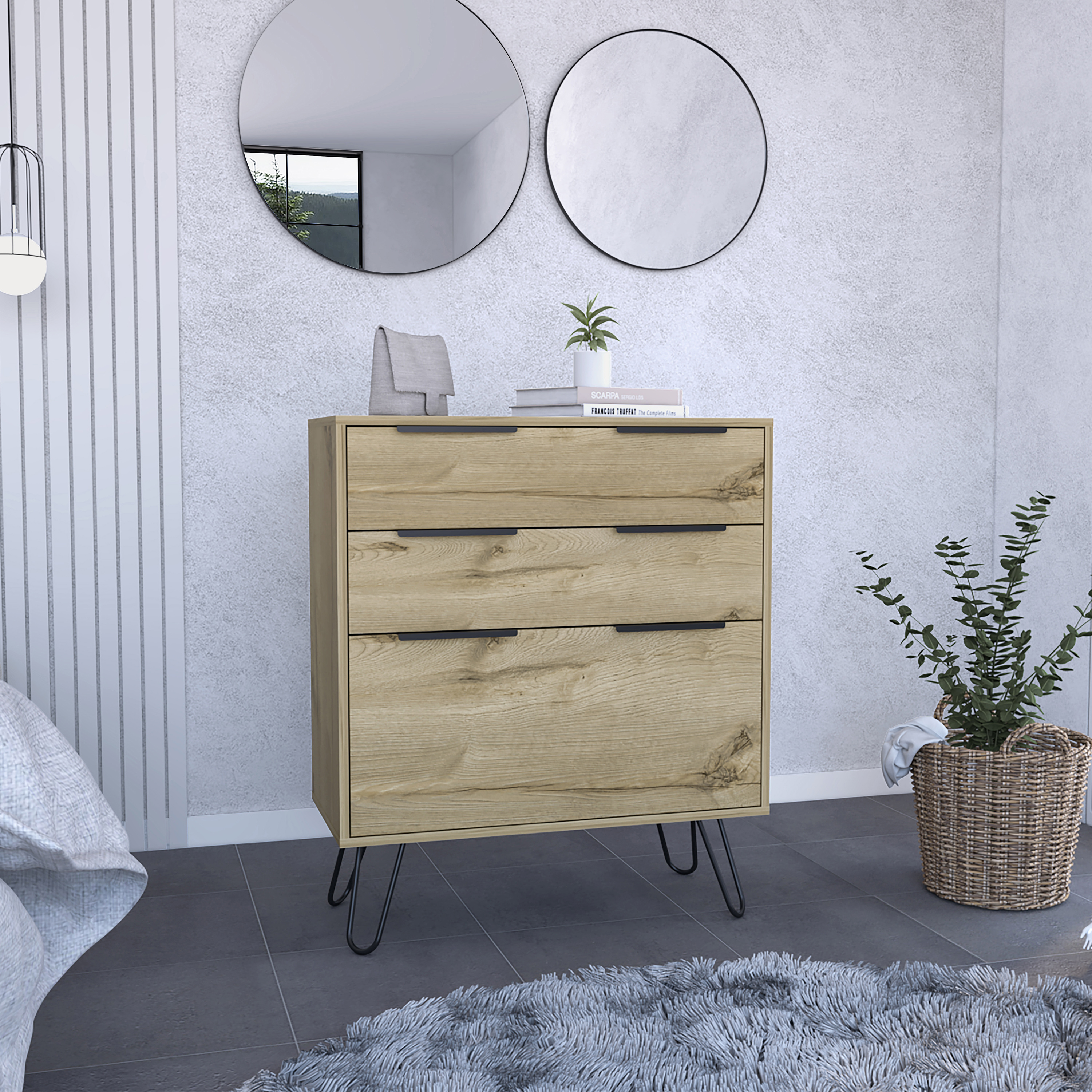 Augusta Dresser, Hairpin Legs, Three Drawers, Superior Top -Light Oak