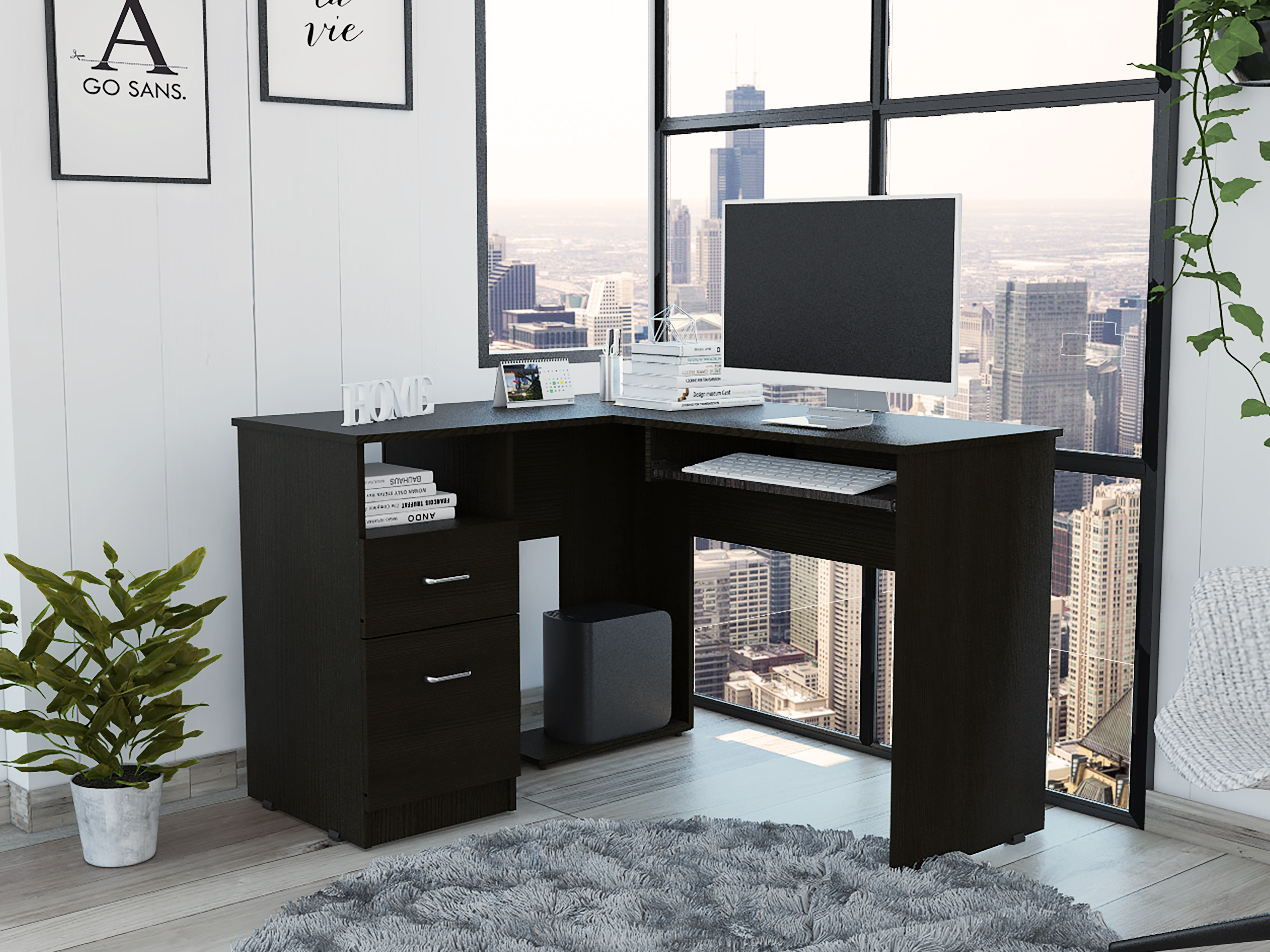 Mix L-Shaped Desk, Keyboard Tray, Two Drawers, Single Open Shelf -Black