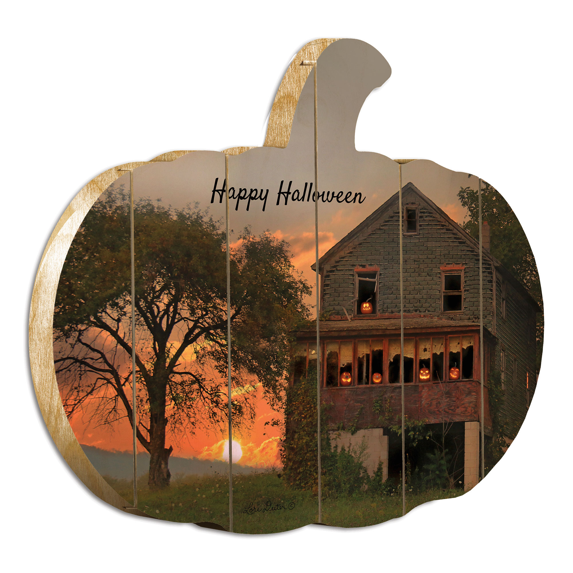 "Happy Halloween" By Artisan Lori Deiter Printed on Wooden Pumpkin Wall Art