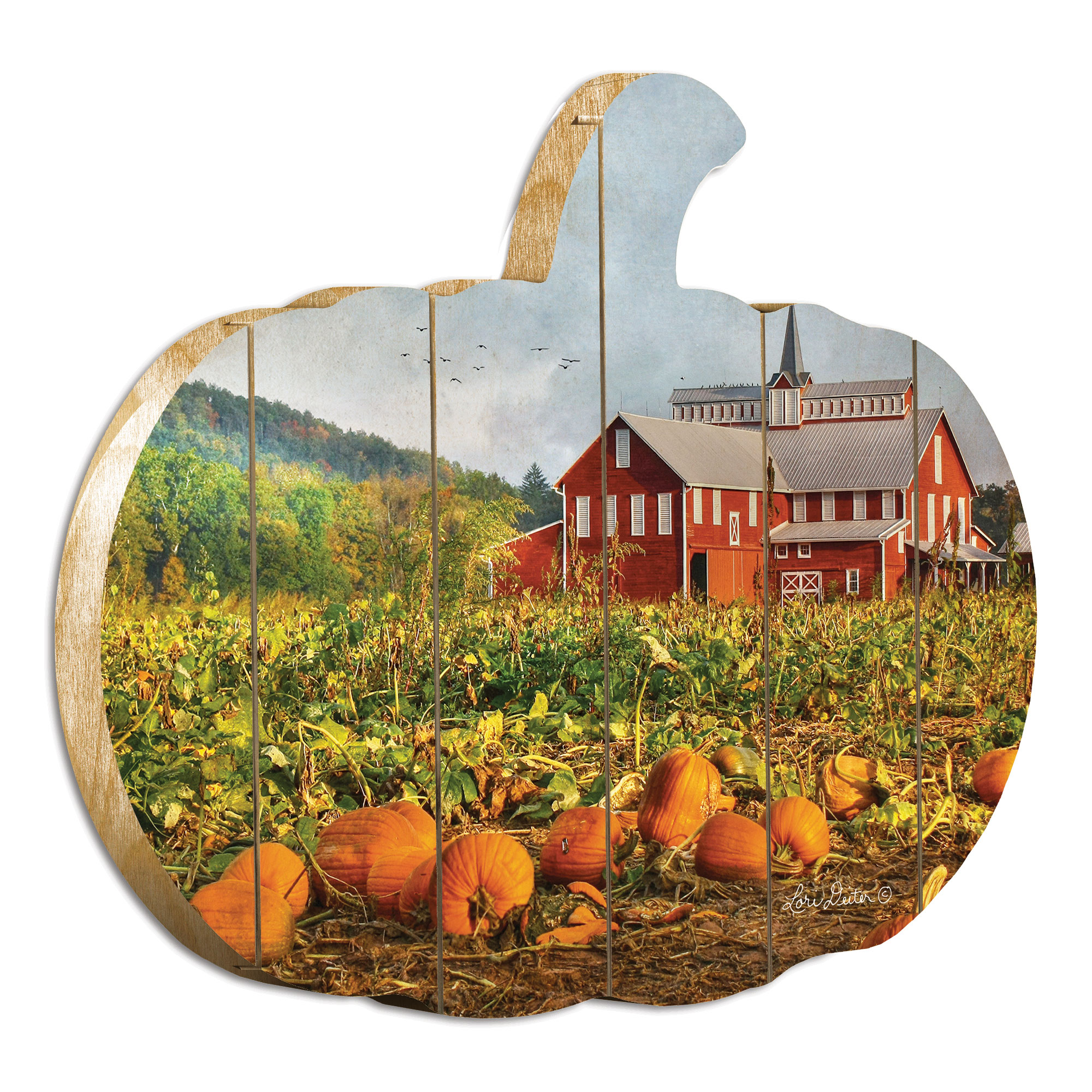 "Red Barn Pumpkin Patch" By Artisan Lori Deiter Printed on Wooden Pumpkin Wall Art