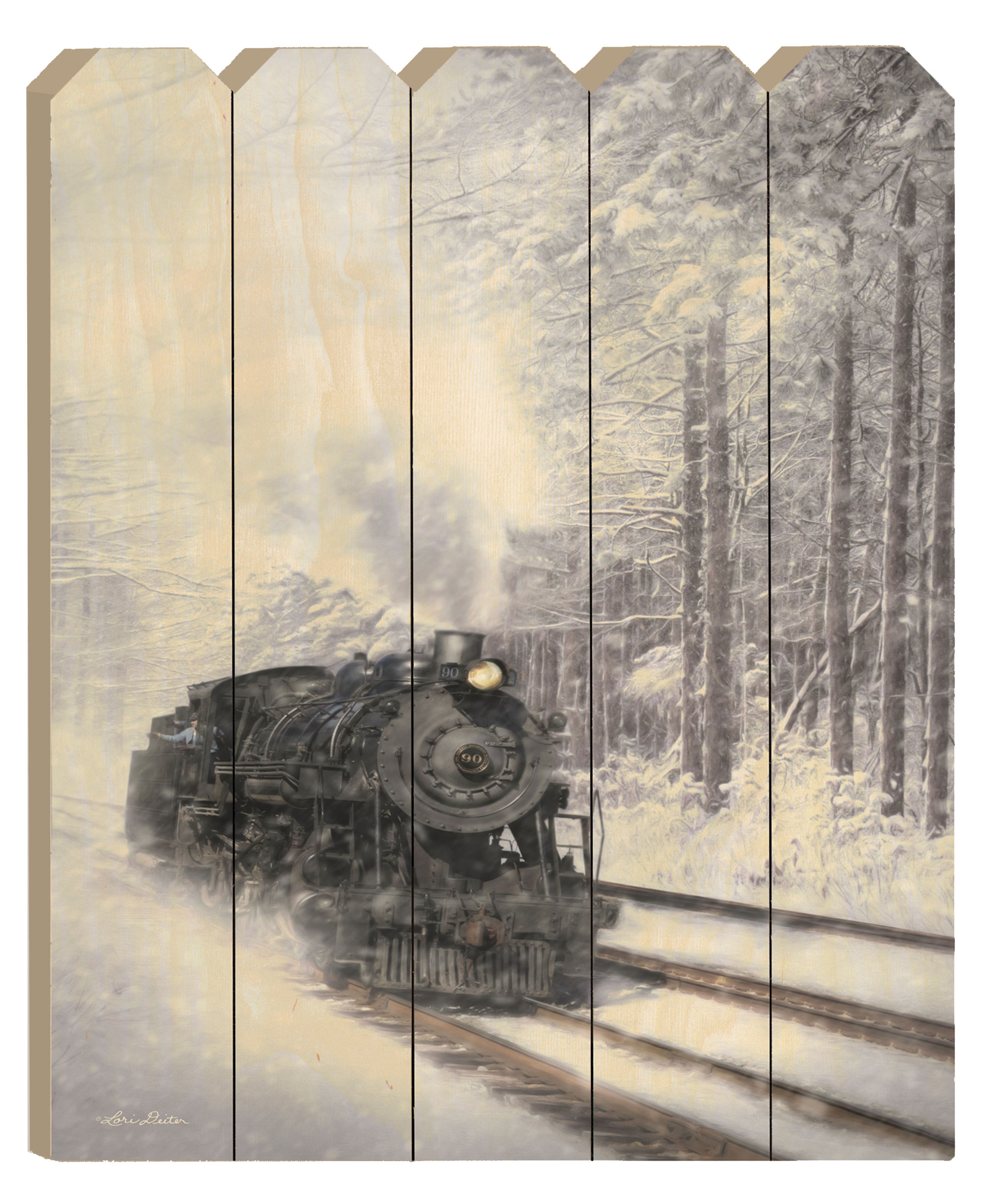 "Snowy Locomotive" By Artisan Lori Deiter, Printed on Wooden Picket Fence Wall Art