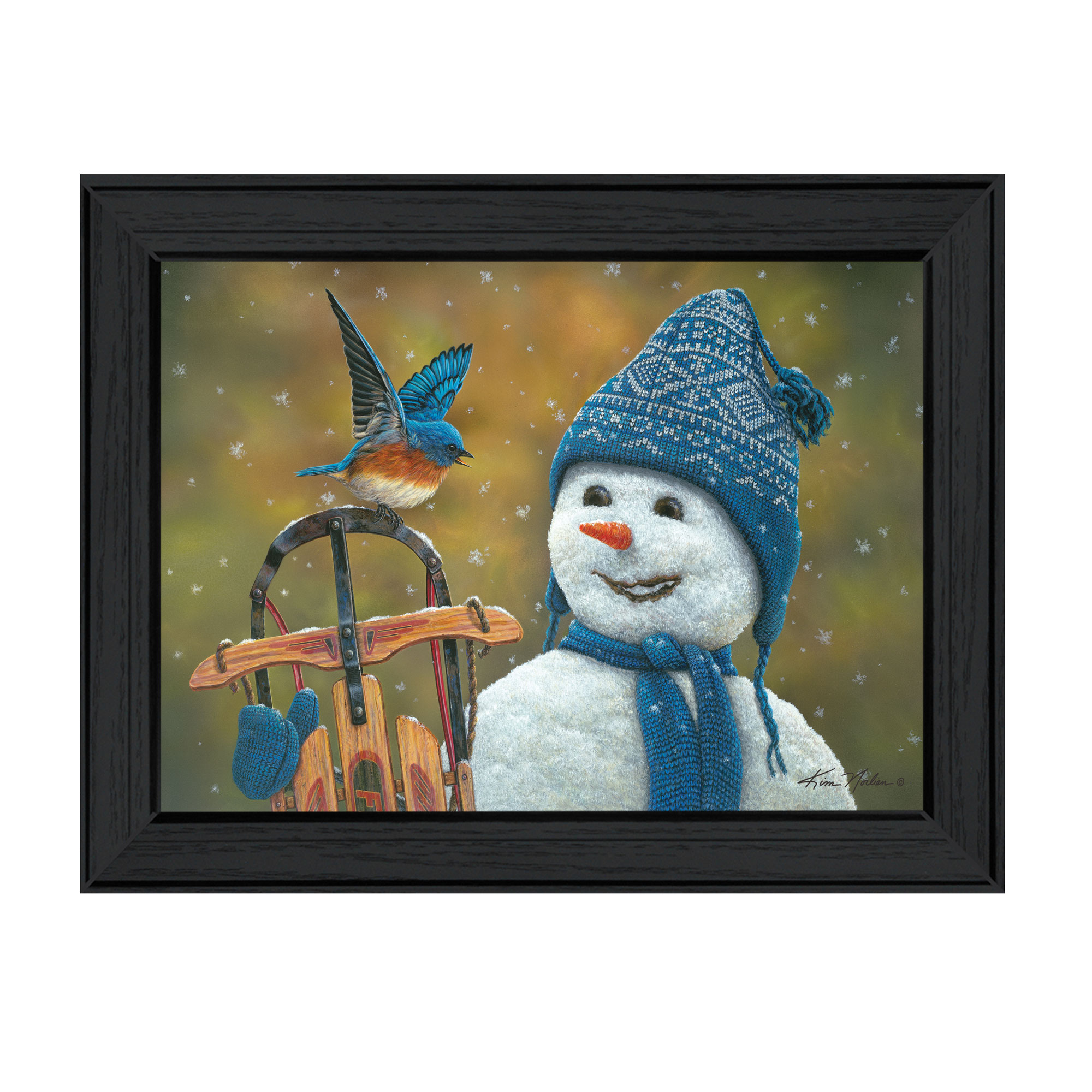 "Bluebird Snowman" by Kim Norlien, Ready to Hang Framed Print, Black Frame