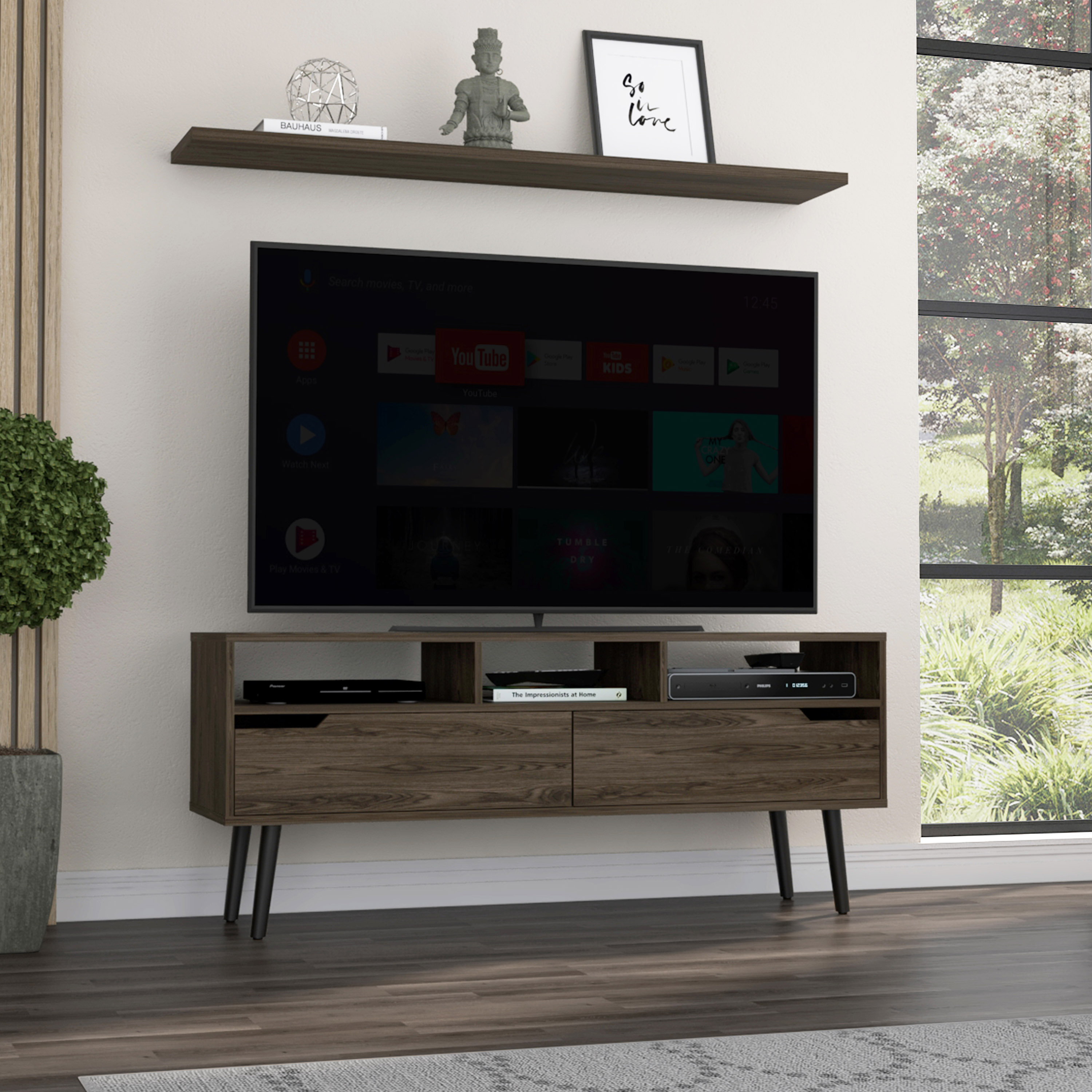 Oslo Tv Stand for TV´s up 51", Two  Drawers, Four Legs, Three Open Shelves -Dark Walnut