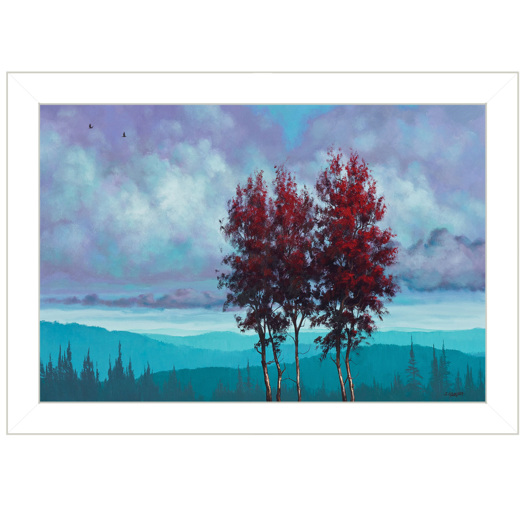 "Two Red Trees" by Tim Gagnon, Ready to Hang Framed print, White Frame