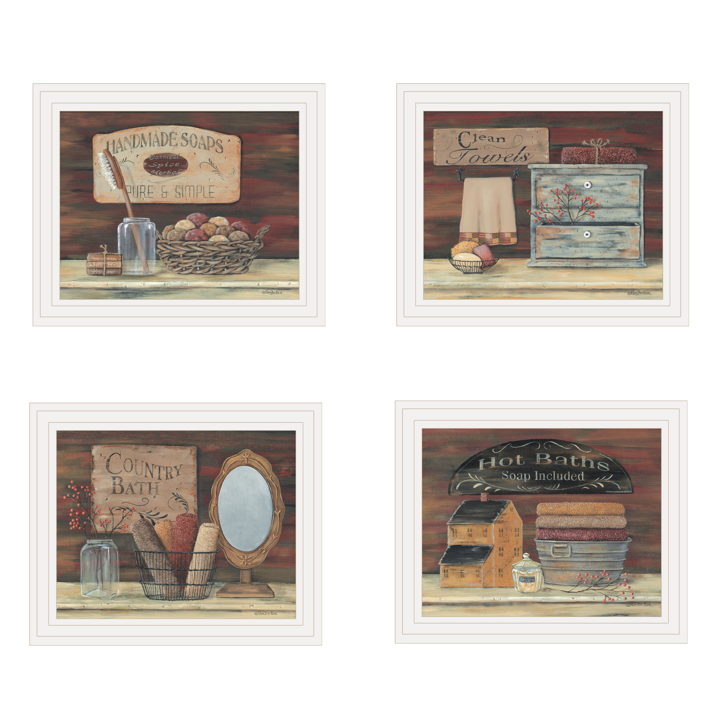 "BATHROOM COLLECTION I" 4-Piece Vignette by Pam Britton, White Frame