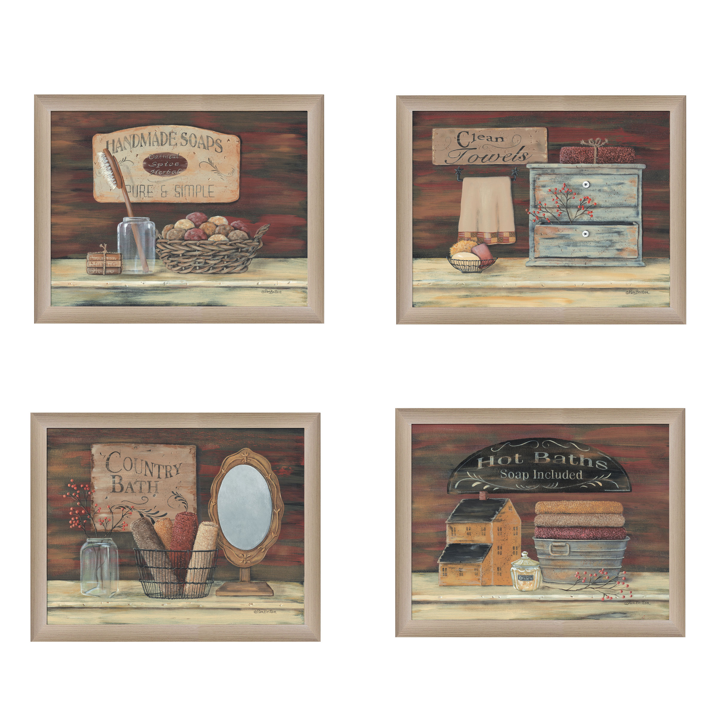 "BATHROOM COLLECTION I" 4-Piece Vignette by Pam Britton, Taupe Frame
