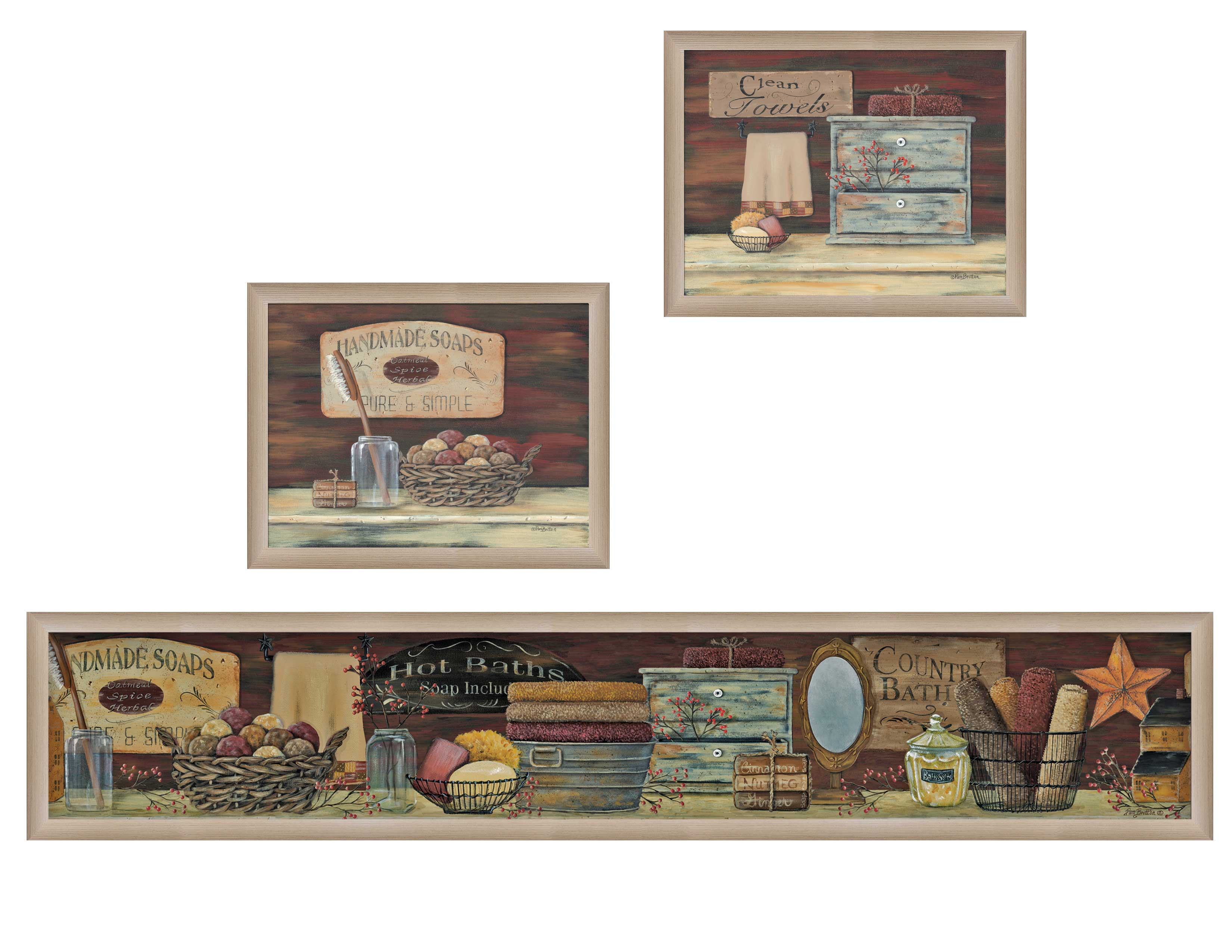"COUNTRY BATH II" 3-Piece Vignette by Pam Britten, Taupe Frame