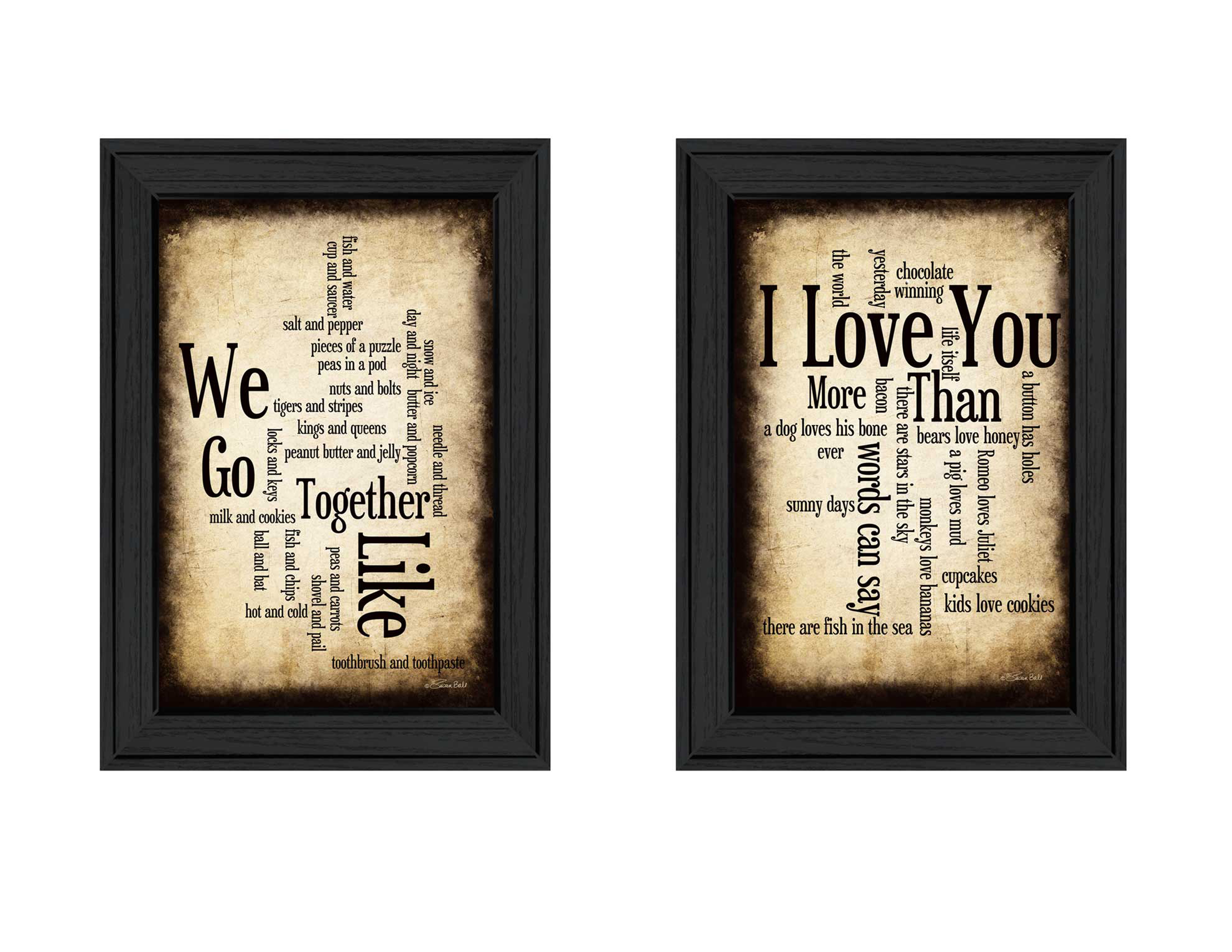 "Sentiment Collection" 2-Piece Vignette By Susan Ball, Printed Wall Art, Ready To Hang Framed Poster, Black Frame