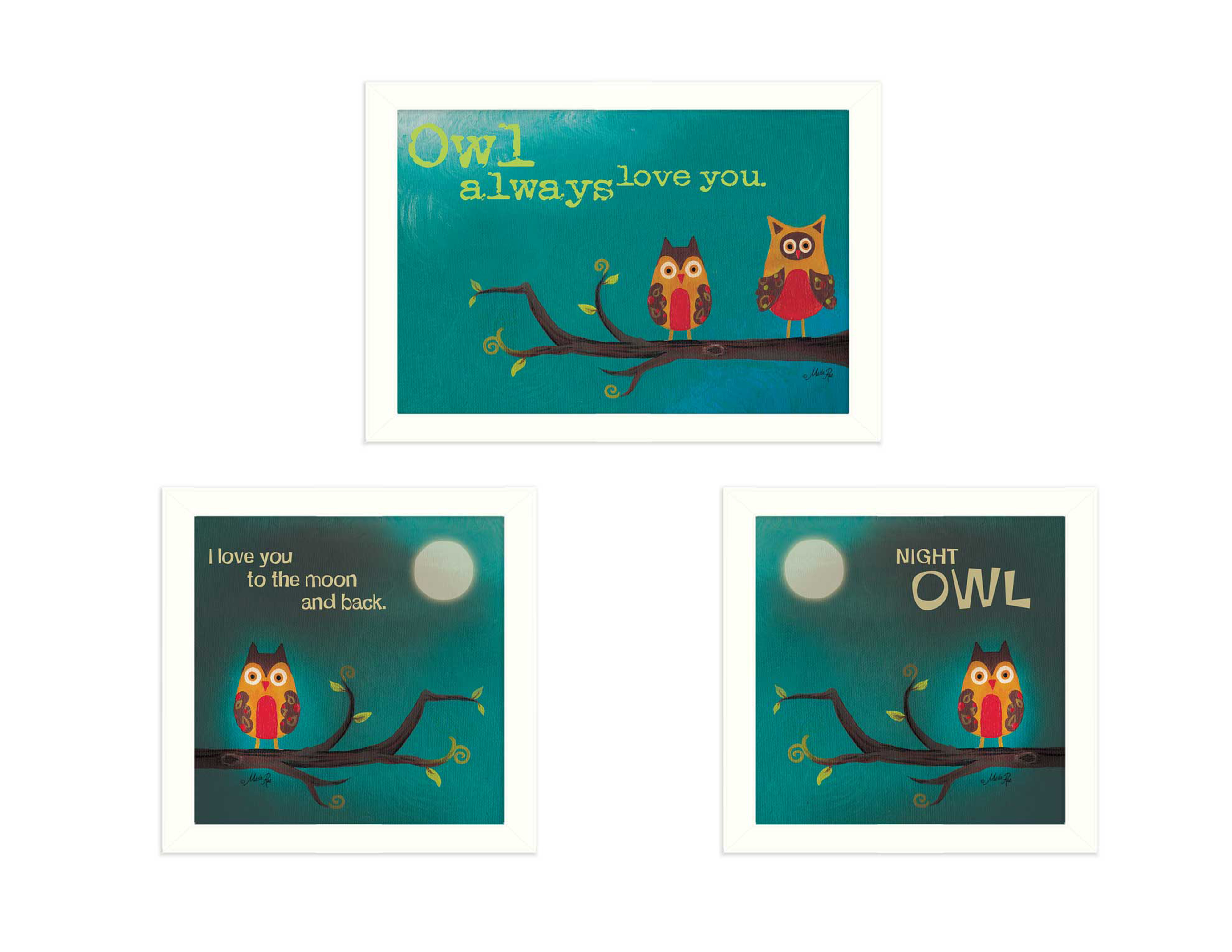 "Owls II Collection" 3-Piece Vignette By Marla Rae, Printed Wall Art, Ready To Hang Framed Poster, White Frame