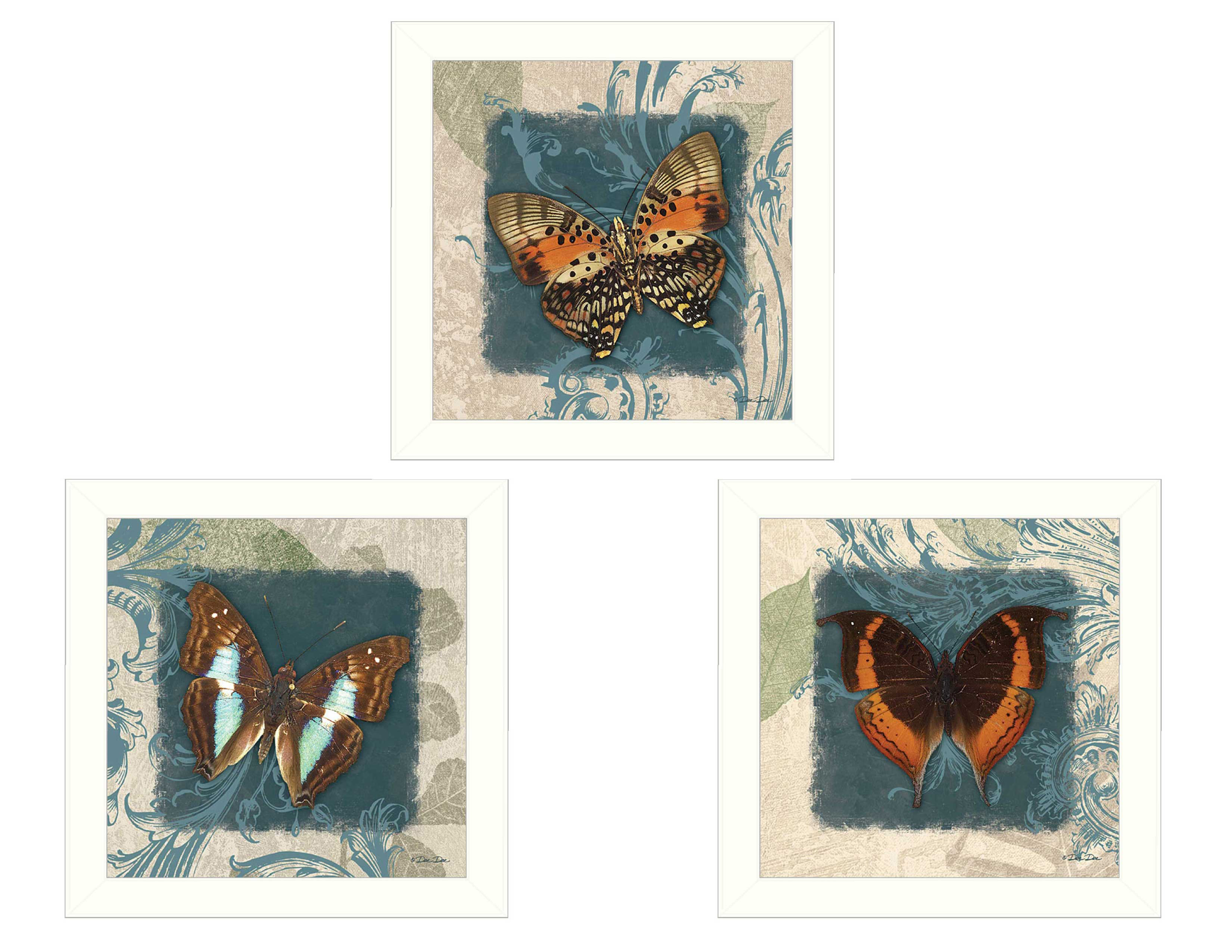 "Butterflies Collection" 3-Piece Vignette By Dee Dee, Printed Wall Art, Ready To Hang Framed Poster, White Frame