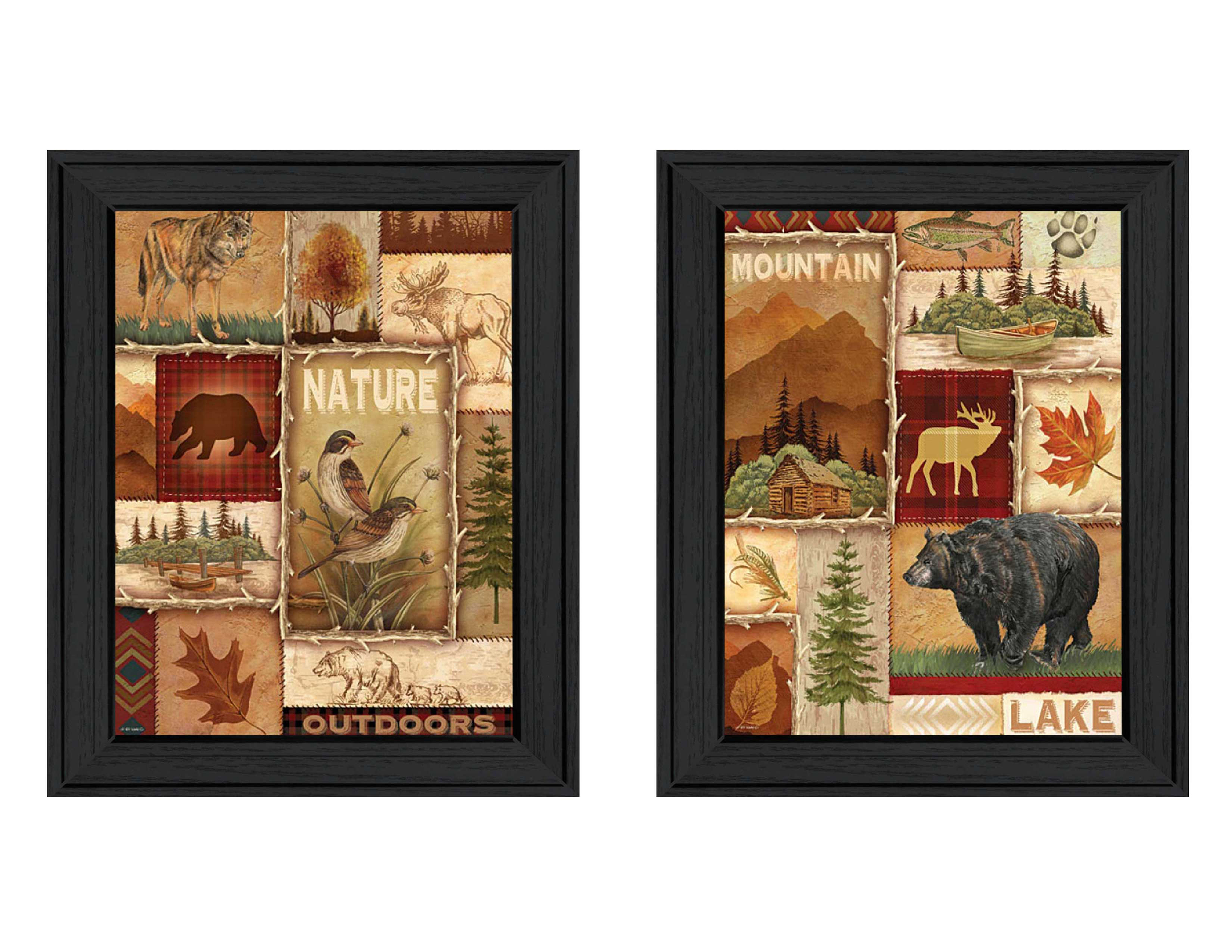 "Lodge Collage Collection" 2-Piece Vignette By Ed Wargo, Printed Wall Art, Ready To Hang Framed Poster, Black Frame