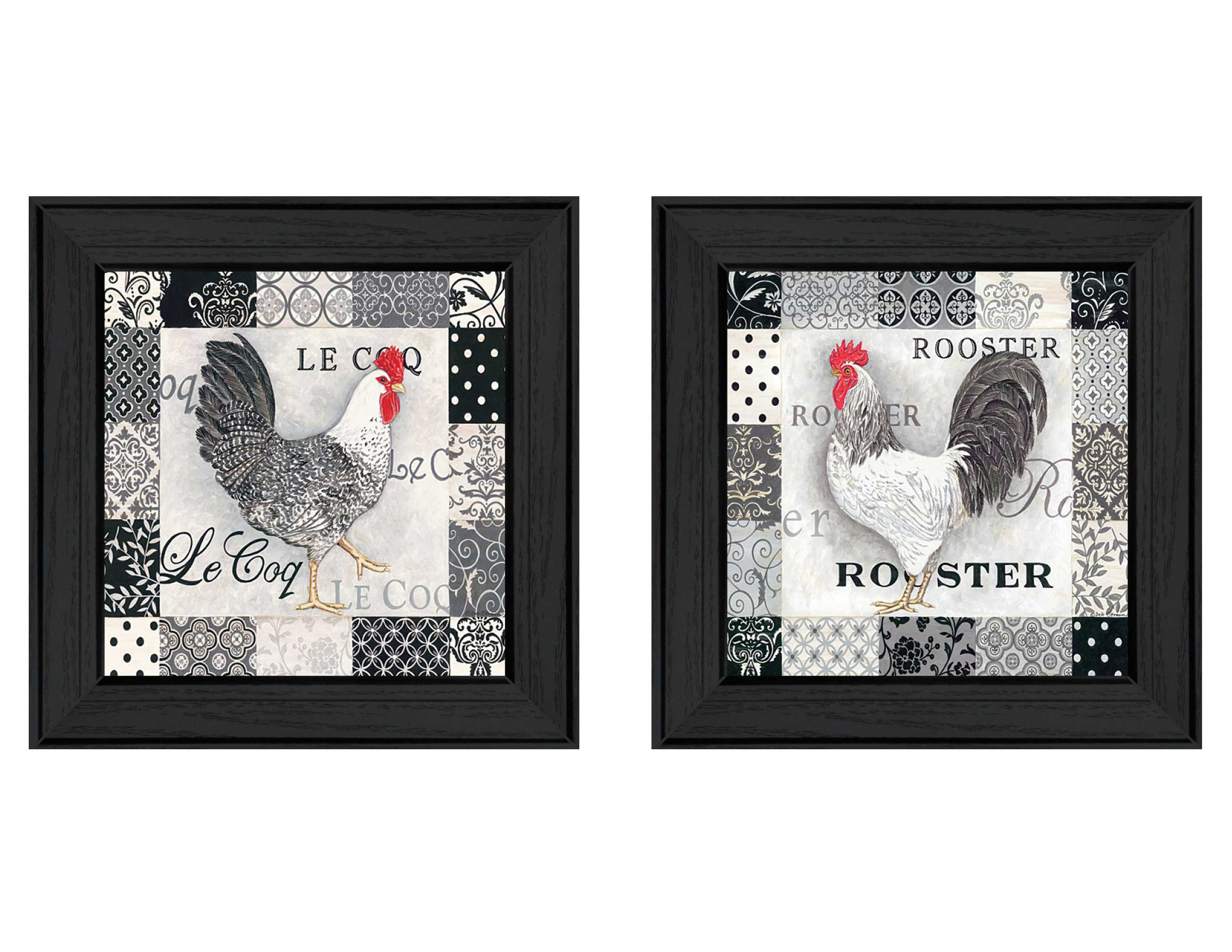 "Rooster I Collection" 2-Piece Vignette By Deb Strain, Printed Wall Art, Ready To Hang Framed Poster, Black Frame