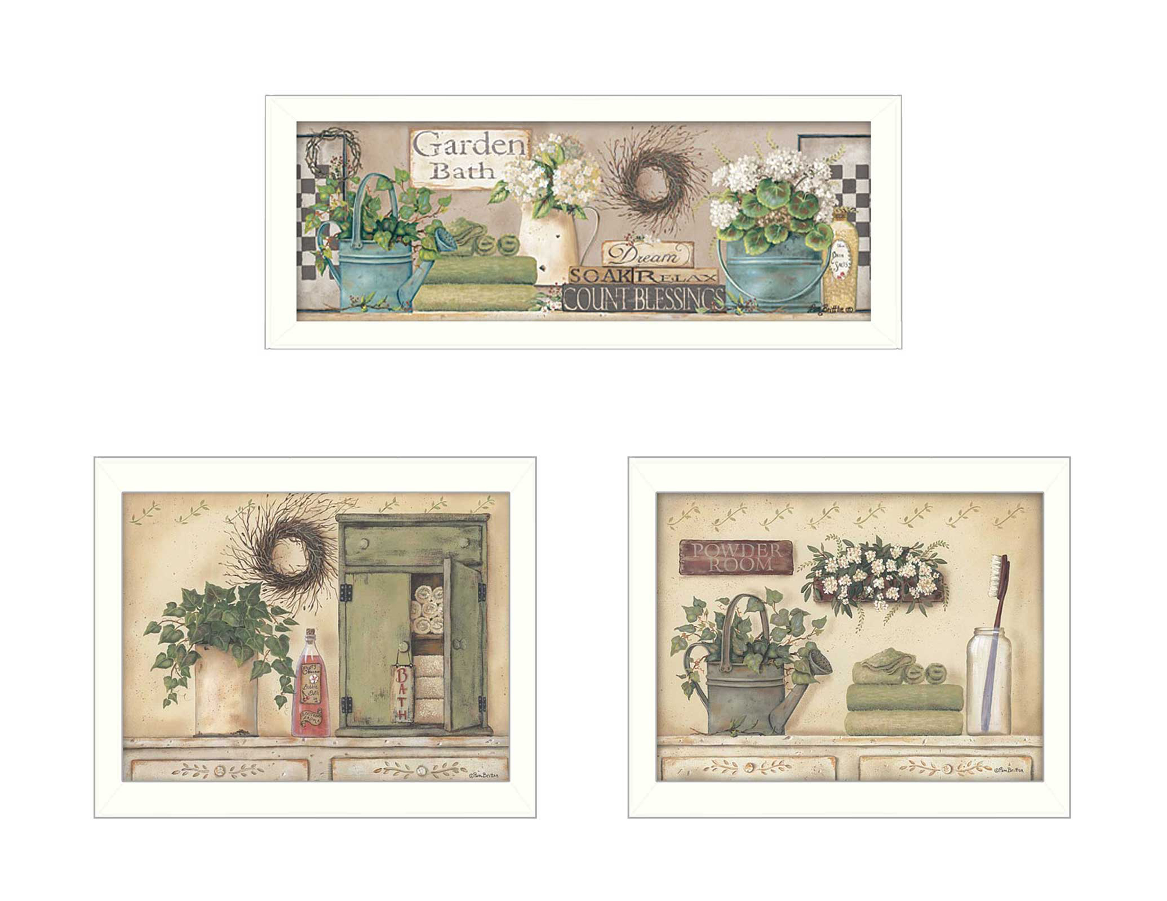 "Garden Bath Collection" 3-Piece Vignette By Pam Britton, Printed Wall Art, Ready To Hang Framed Poster, White Frame