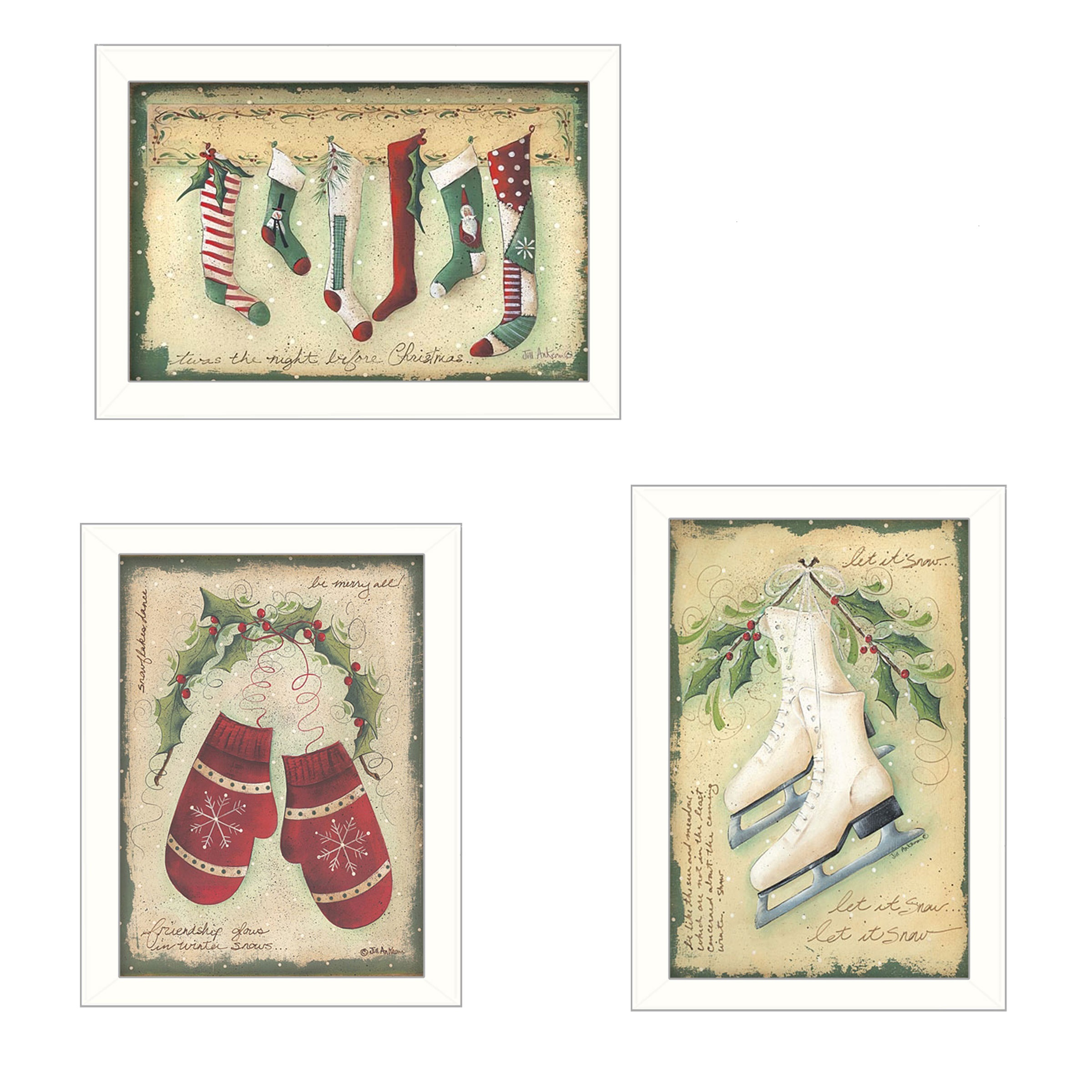 "Vintage Christmas Collection" 3-Piece Vignette By Jill Ankrom, Printed Wall Art, Ready To Hang Framed Poster, White Frame